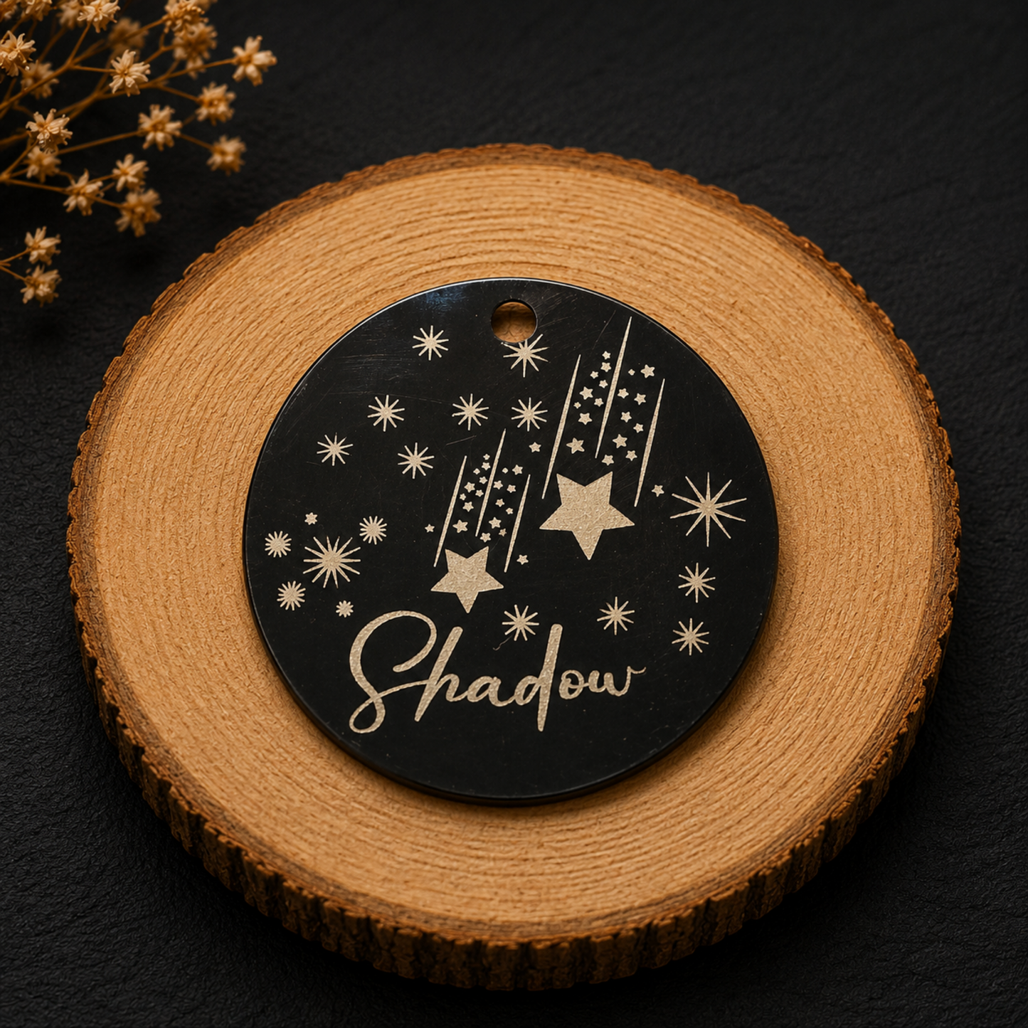 Médaille chien personnalisée noire avec étoiles et prénom gravé
