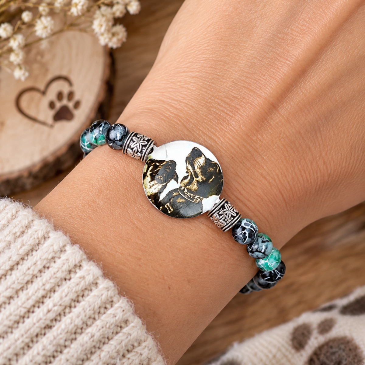 Bracelet de perles personnalisé avec photo gravée de deux animaux, médaillon rond de 20 mm