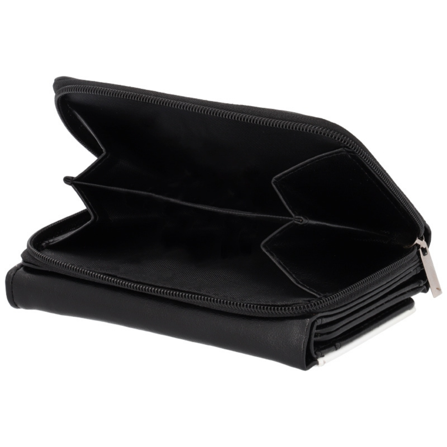 Vue latérale du porte-monnaie personnalisé en simili cuir montrant son épaisseur et sa fermeture zippée.