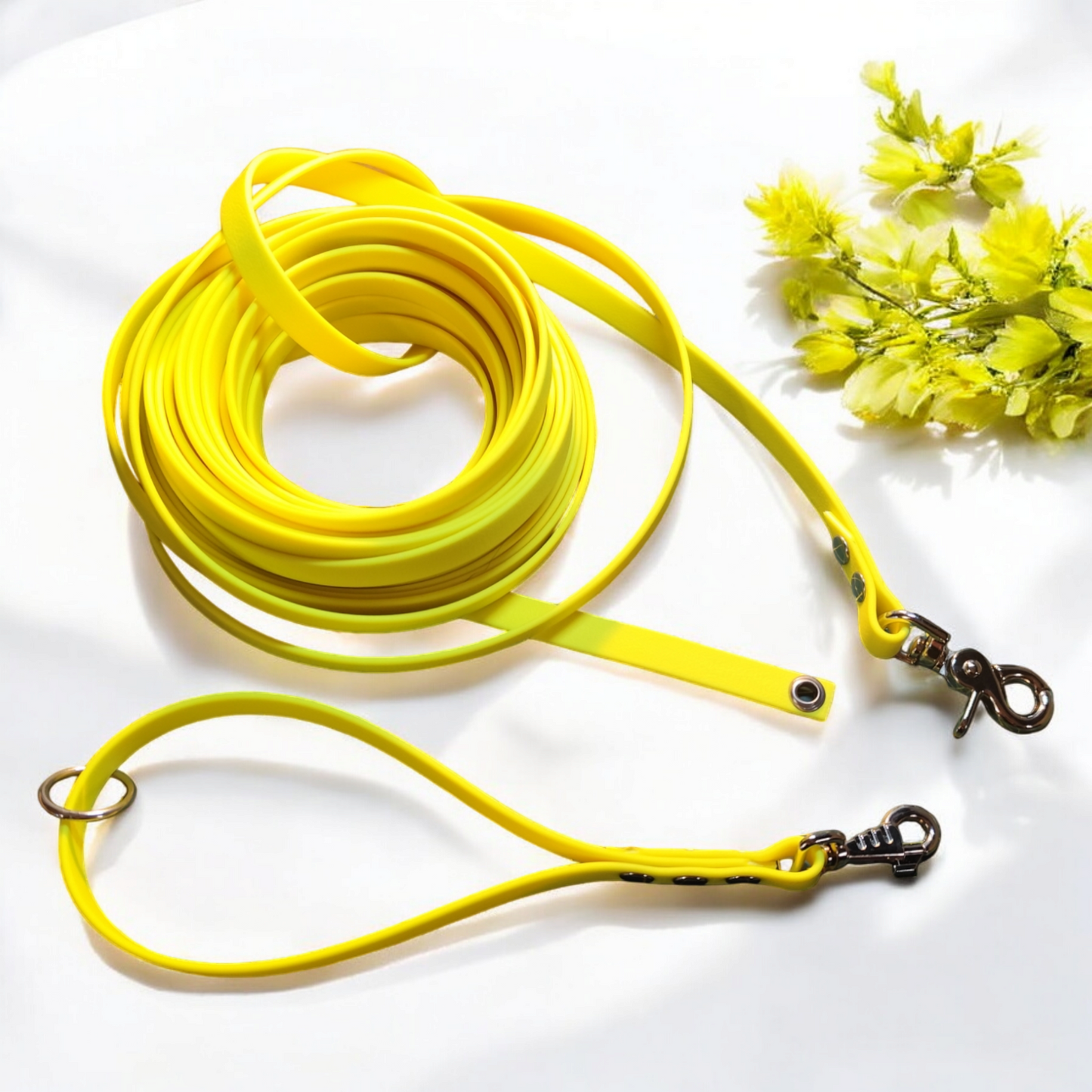 Longe personnalisable pour chien présentée en différentes positions avec option poignée fixe ou détachable.