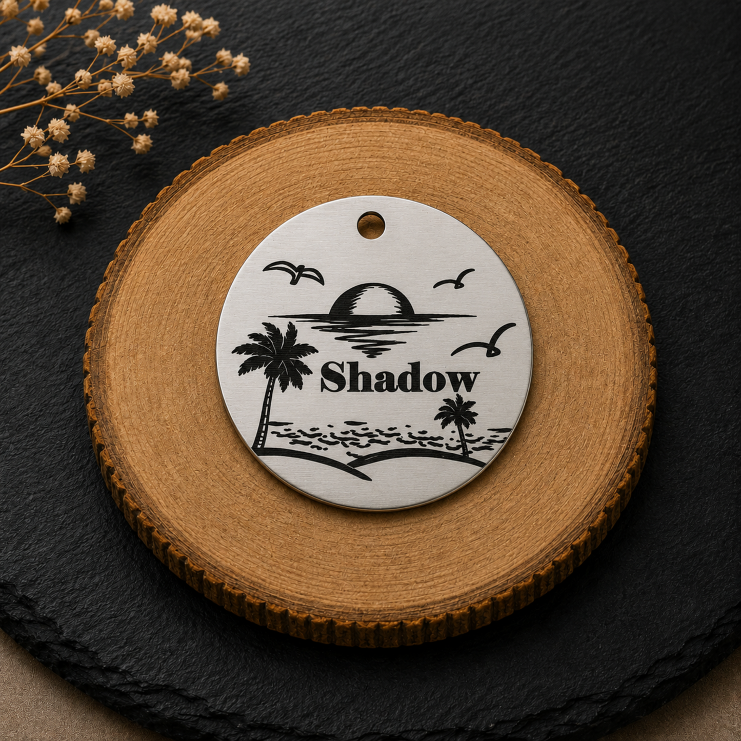 Médaille ronde pour chien personnalisée avec motif coucher de soleil et palmiers