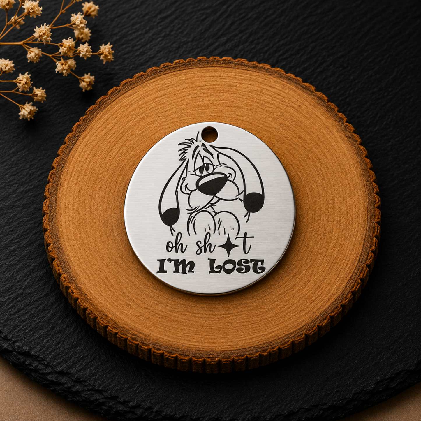 Médaille d’identification ronde pour chien  avec dessin chien mignon et message Oh Sht I’m Lost