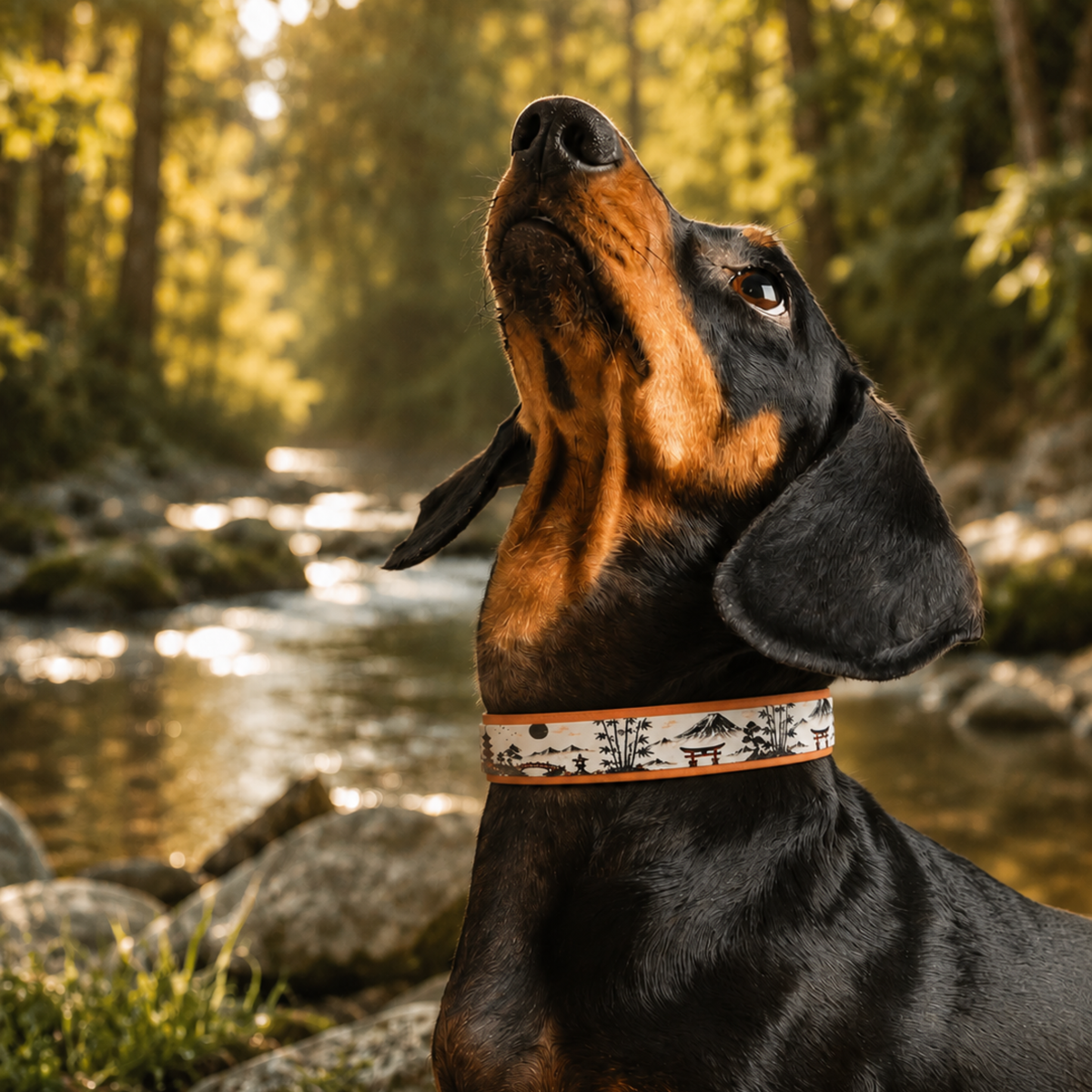 Chien portant le collier Rêve de Sakura à impression UV dans un paysage naturel au bord d'une rivière