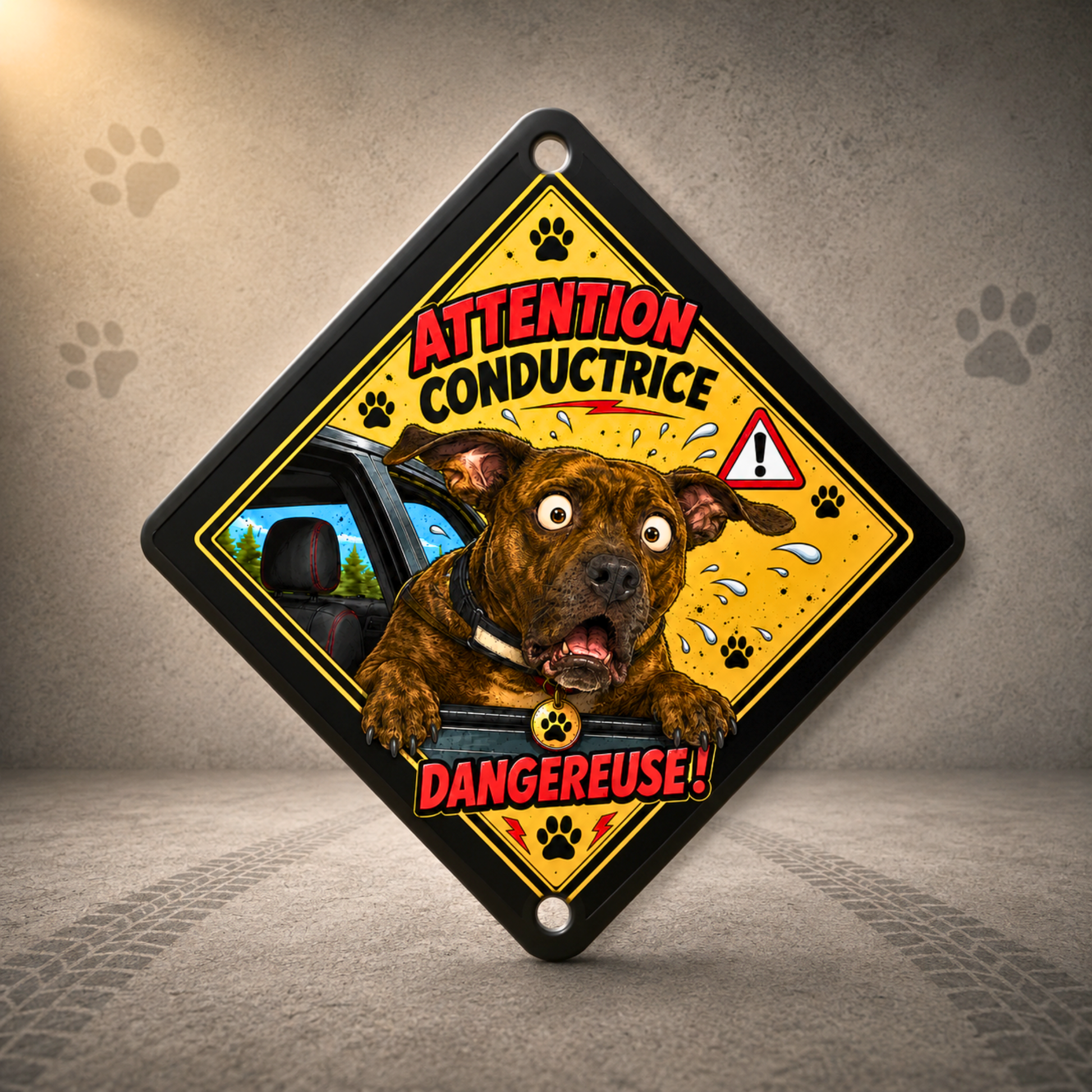 Pancarte humoristique personnalisée à partir d'une photo de Staffy avec message "Conductrice dangereuse"