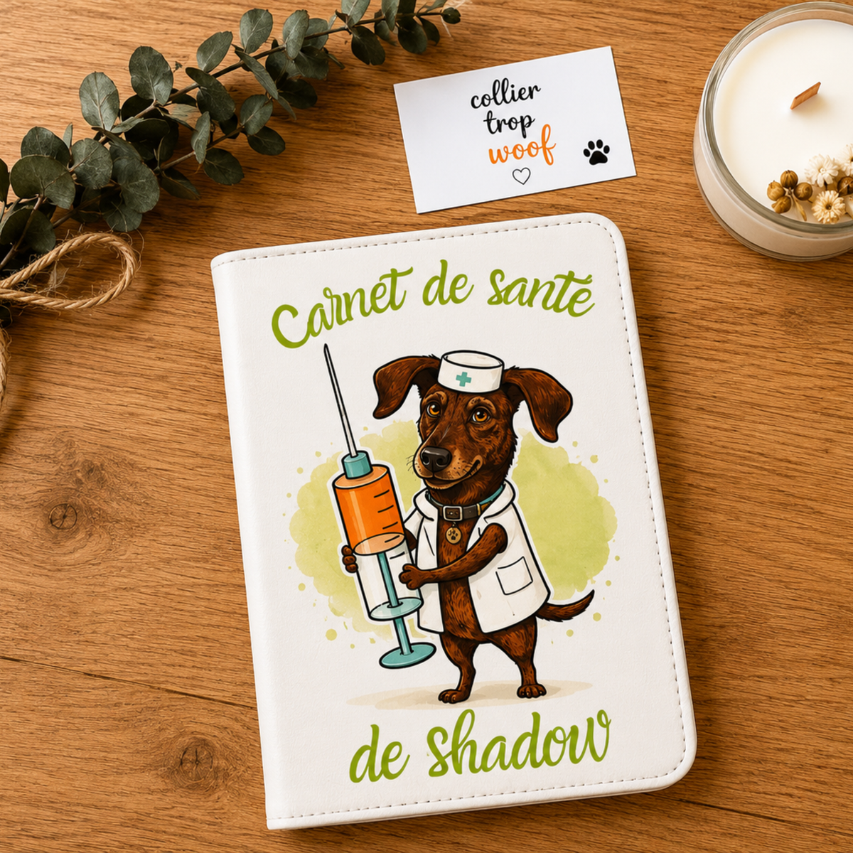 carnet de santé 11.6 X 17.3 en simili cuir personnalisé avec la caricature drôle de son animal de compagnie 
