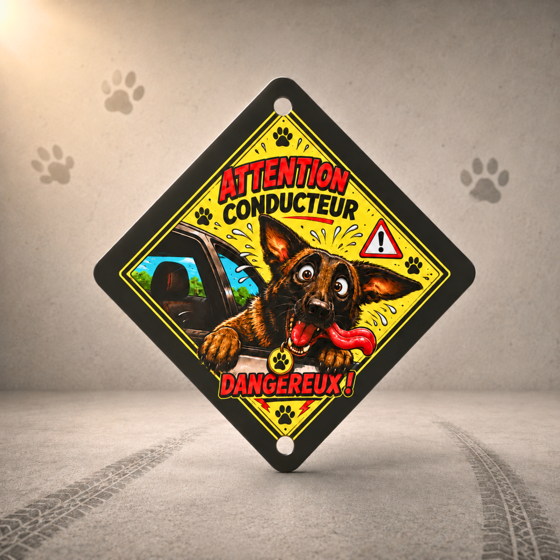 Pancarte chien personnalisée à partir d'une photo de Malinois avec message "Conducteur dangereux"