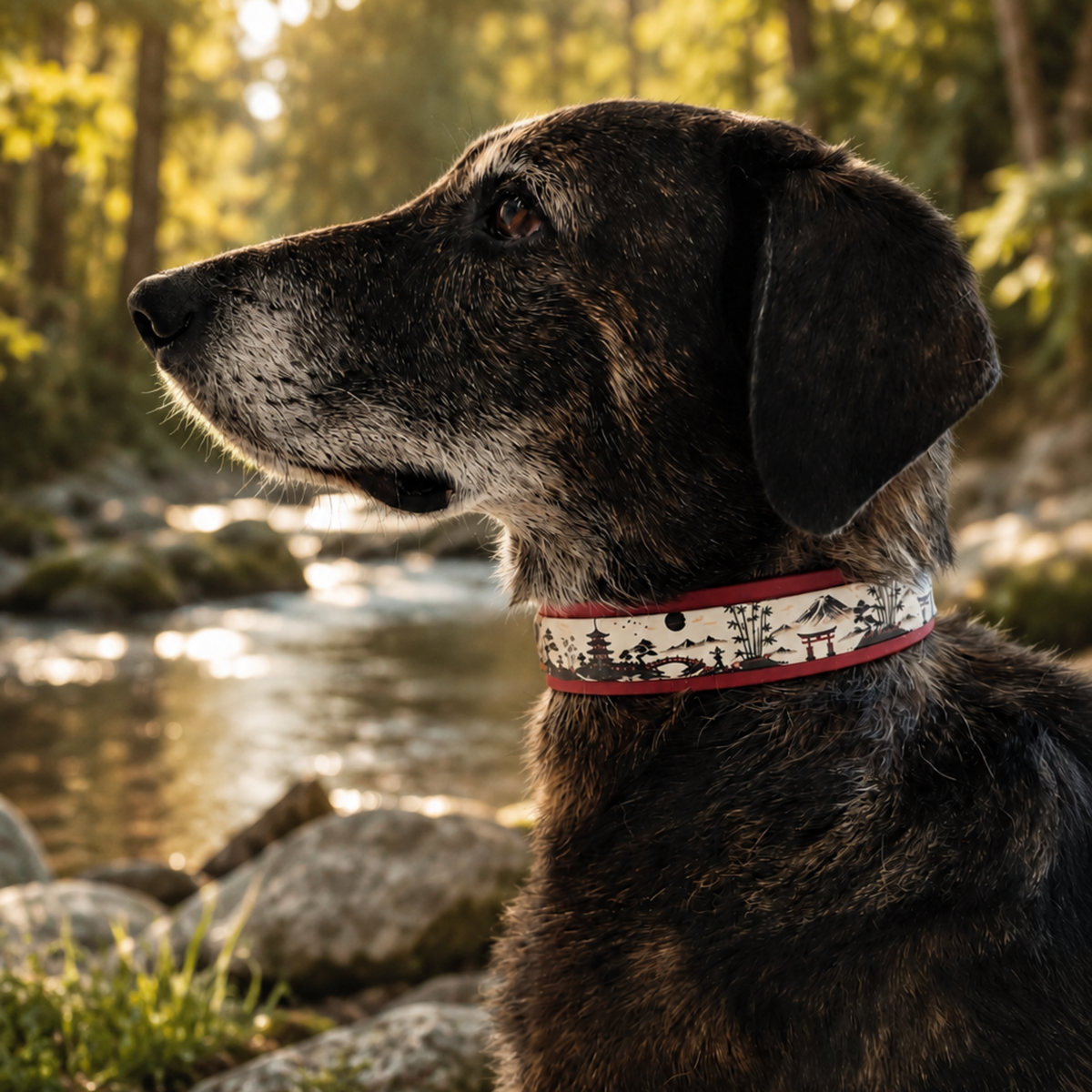 Collier pour chien Rêve de Sakura à impression UV porté par un chien noir au bord d'une rivière