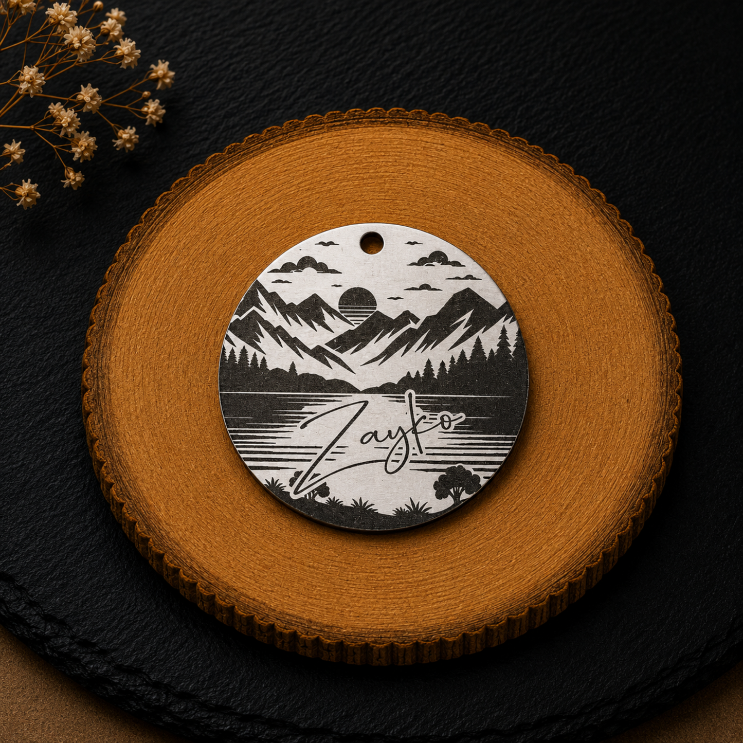 Médaille personnalisée pour chien en acier inoxydable avec motif montagne et prénom 