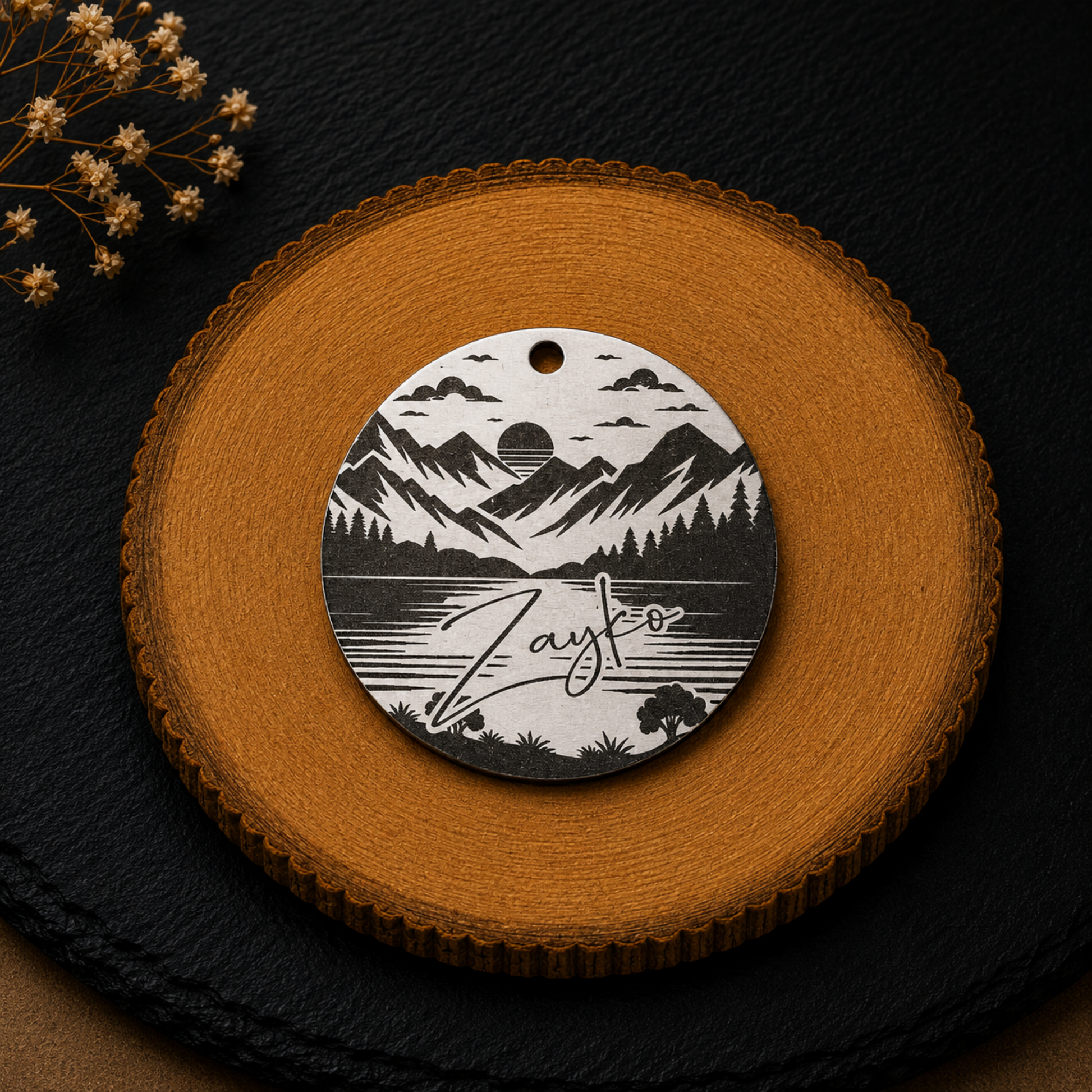 Médaille personnalisée pour chien en acier inoxydable avec motif montagne et prénom 