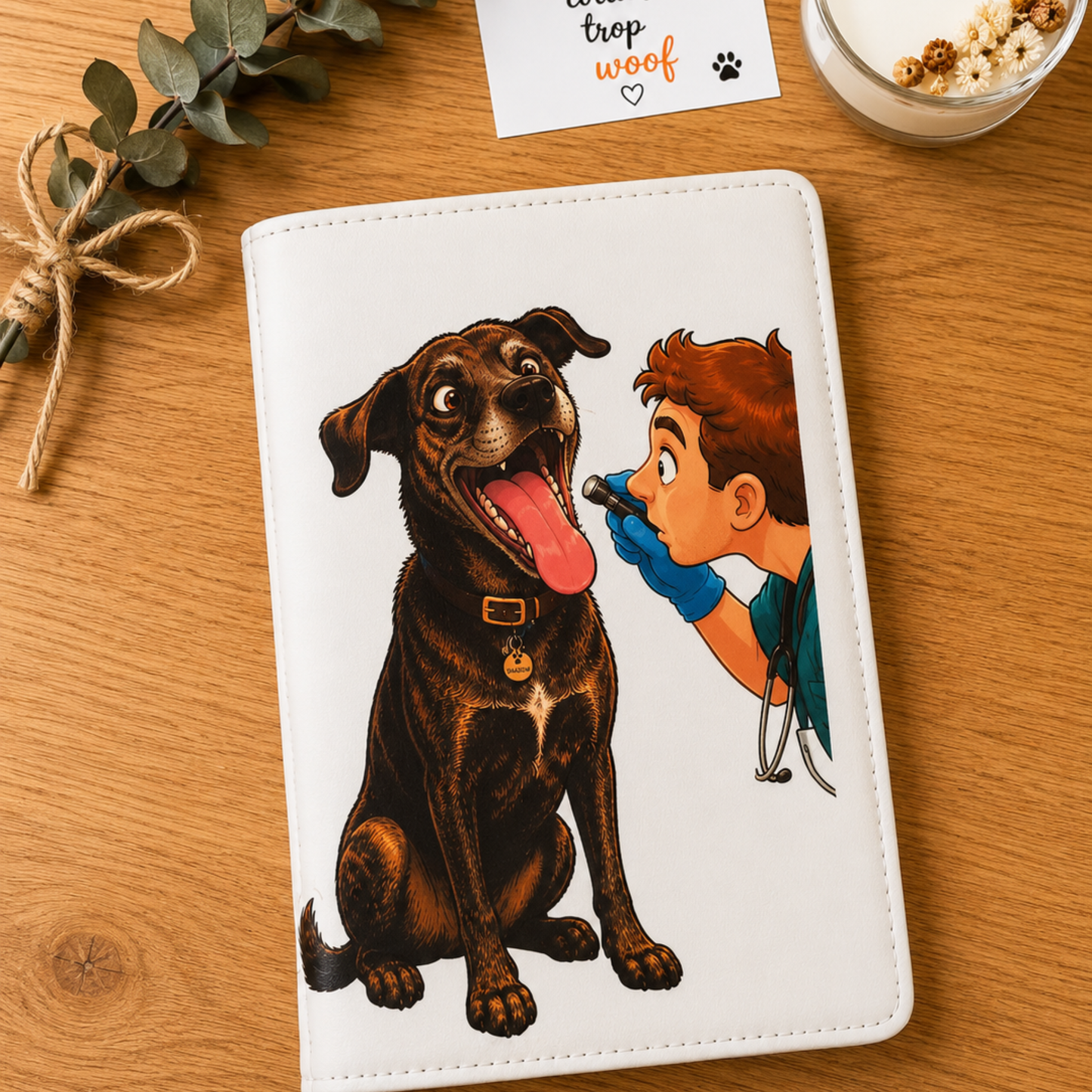 carnet de santé 11.6 X 17.3 en simili cuir personnalisé avec la caricature drôle de son animal de compagnie .