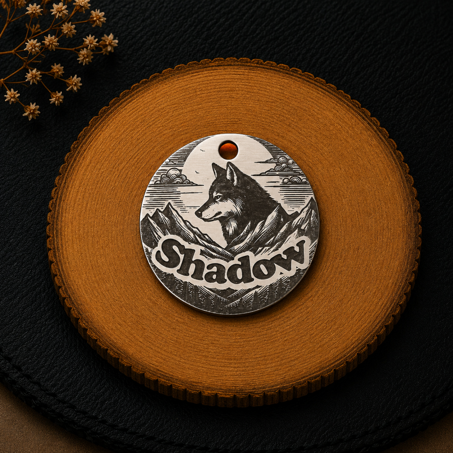 Médaille gravée pour chien avec portrait de loup, paysage montagneux et prénom 