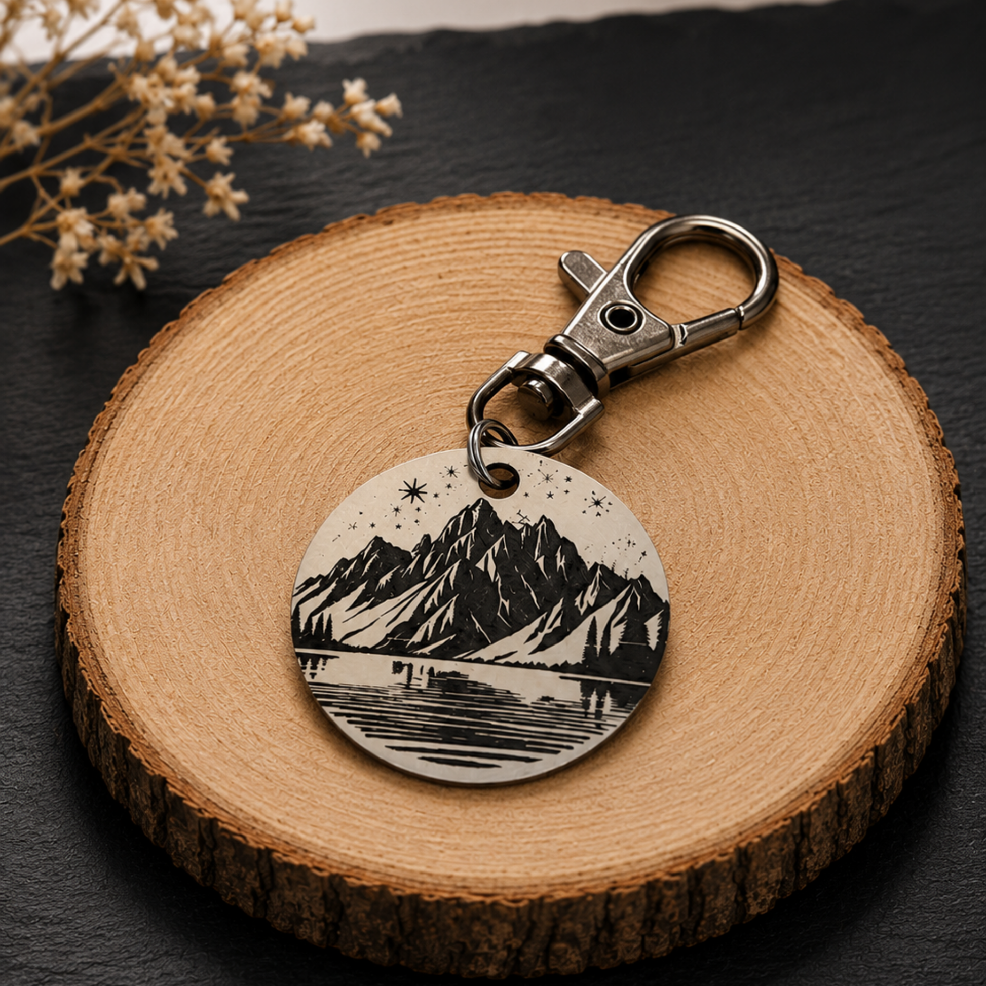 Médaille ronde pour chien en acier inoxydable avec gravure montagne et paysage nature