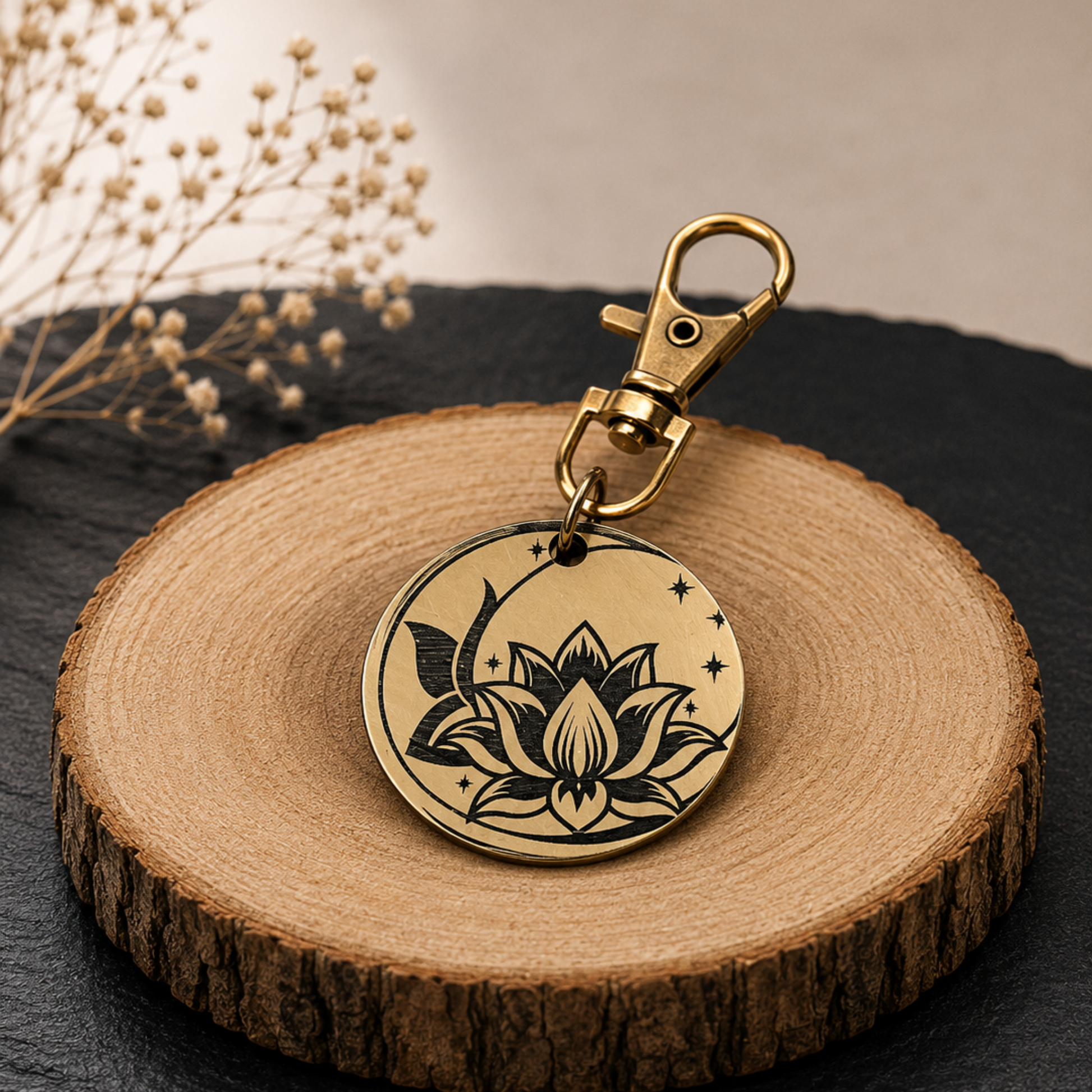 Médaille personnalisée pour chien ronde couleur or avec motif lotus et étoiles