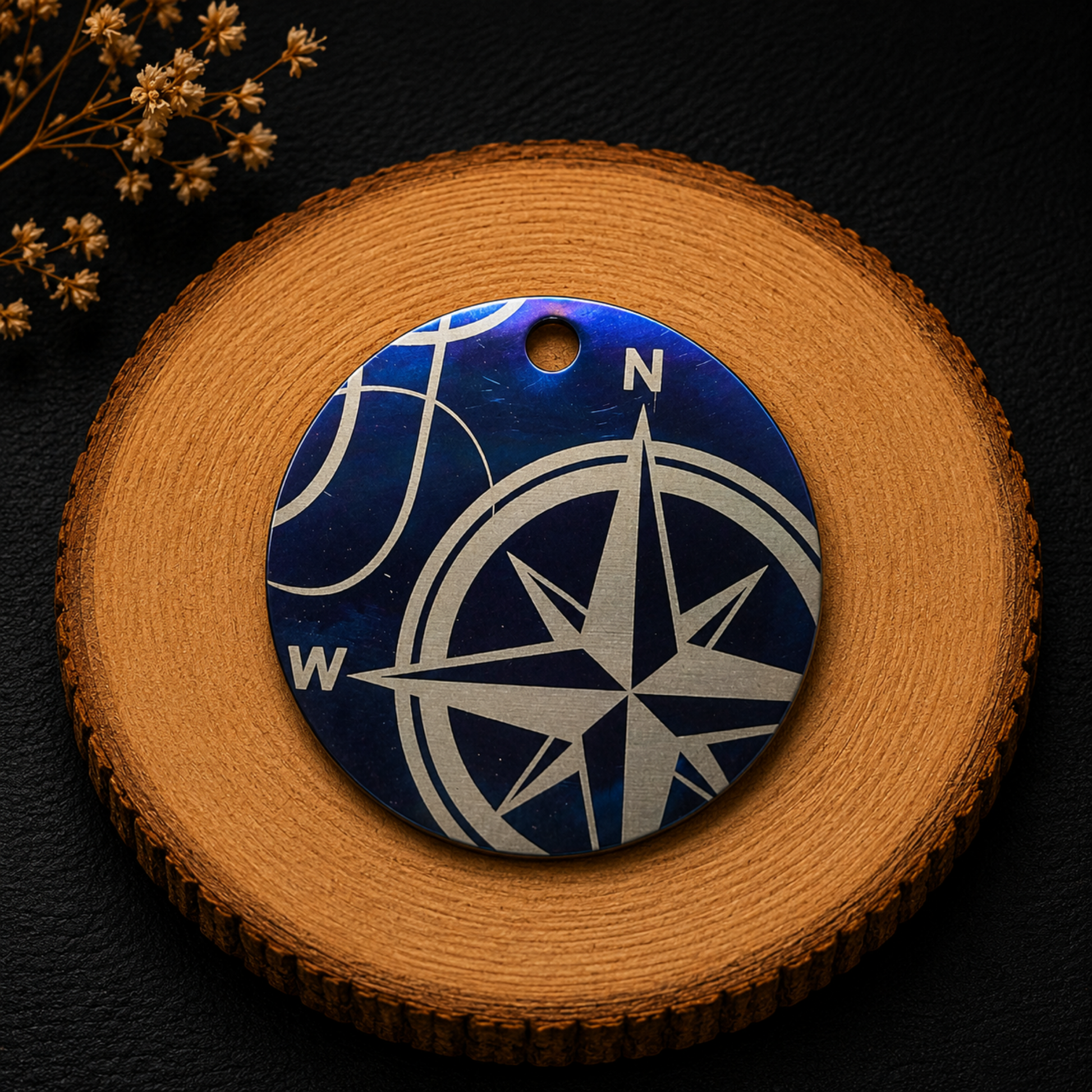 Médaille d’identification pour chien personnalisée thème marin avec motif boussole, disponible en bleu et noir, 25, 30 et 35 mm.