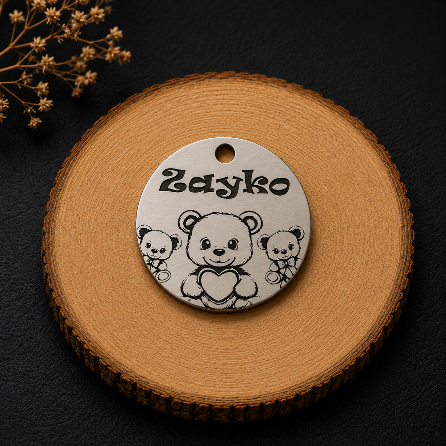 Médaille personnalisée pour chien ronde en acier inoxydable avec prénom et motif oursons