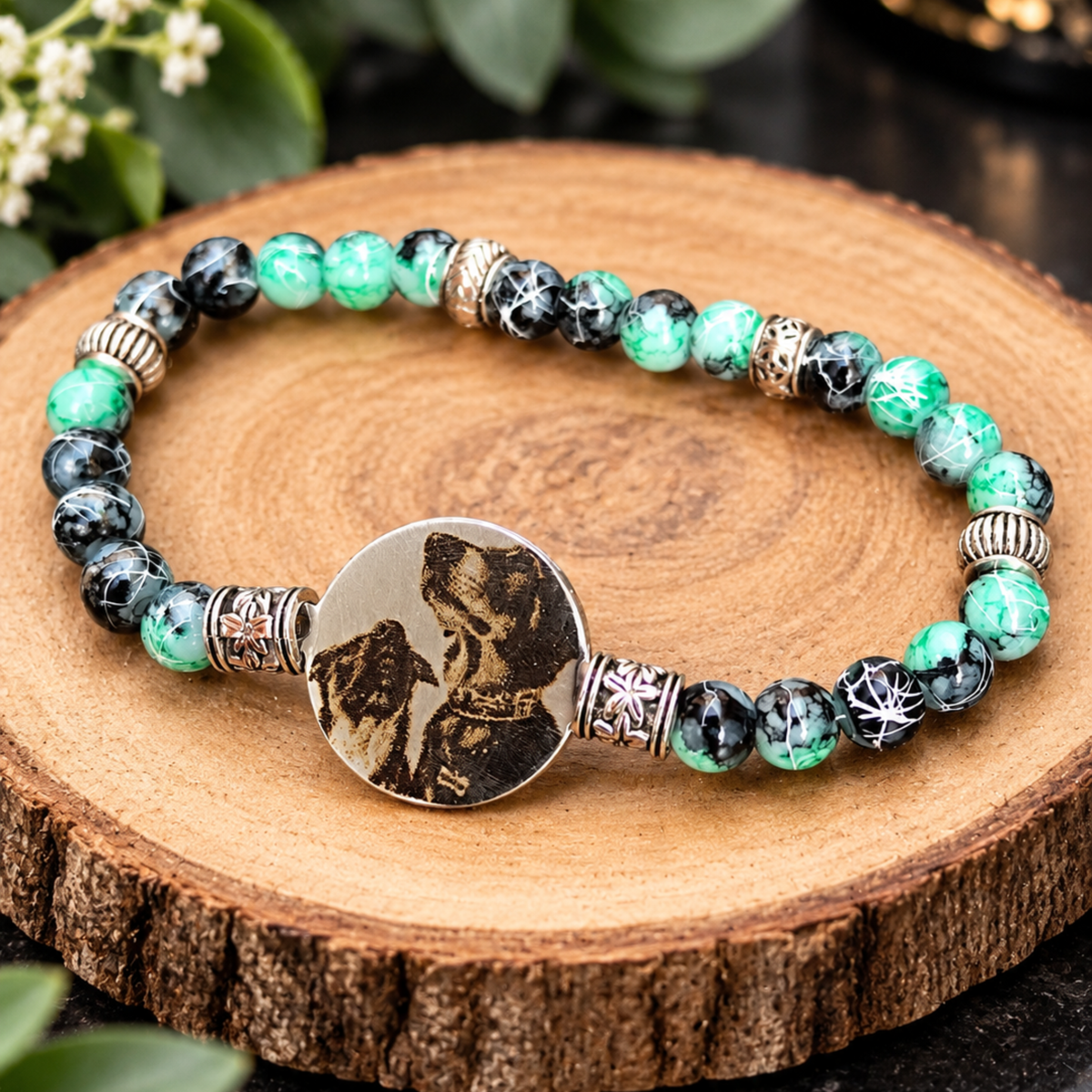 Bracelet de perles personnalisé avec photo gravée de deux animaux, médaillon rond de 20 mm