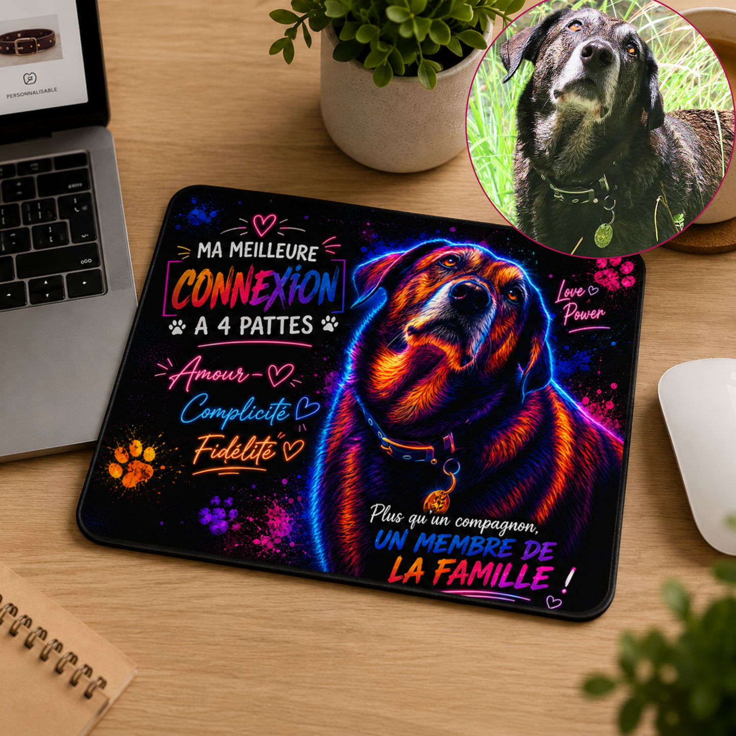 Tapis de souris personnalisé avec photo de chien colorée et design unique pour amoureux des animaux