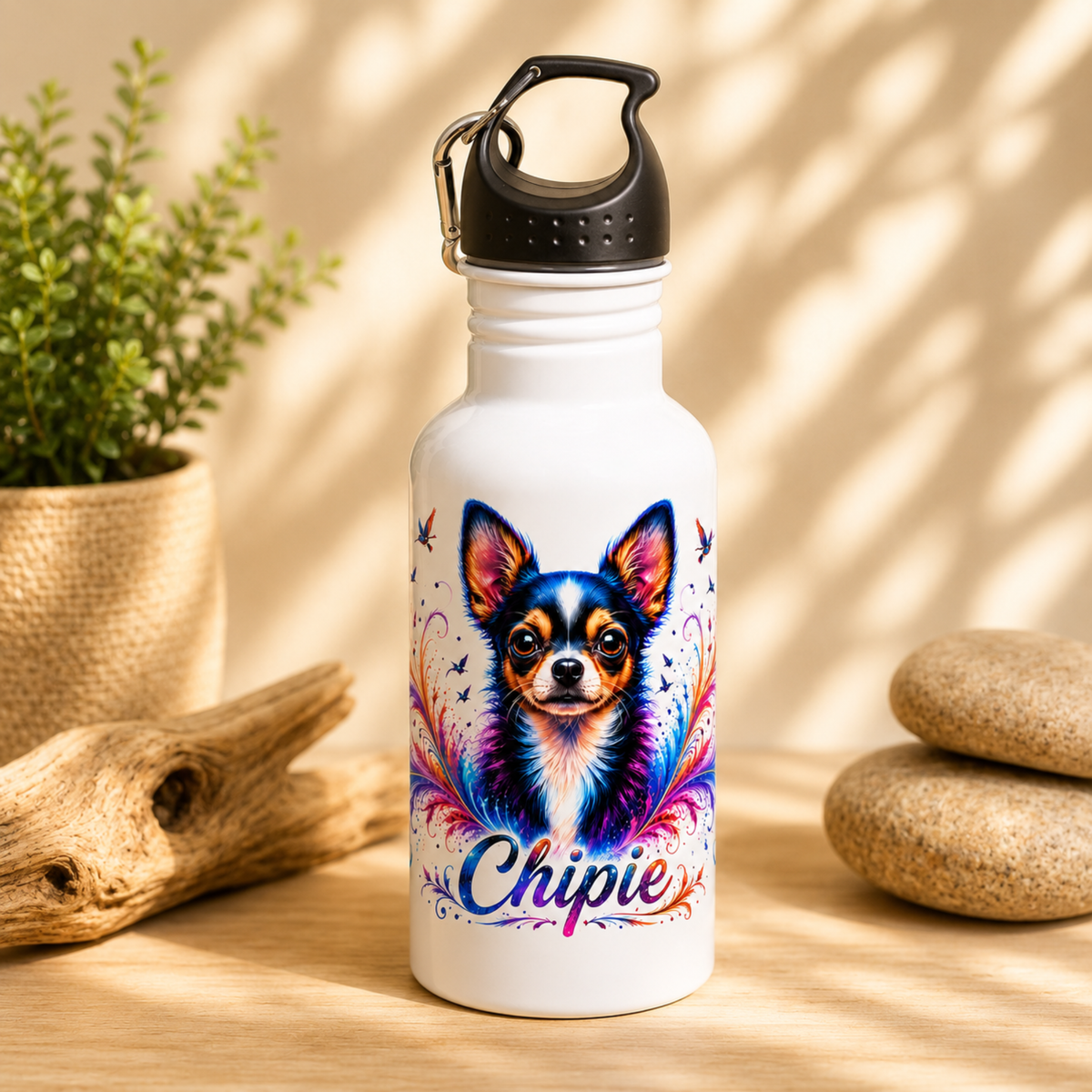 Gourde personnalisée pour chien 600 ml avec portrait coloré d’un Chihuahua et prénom 