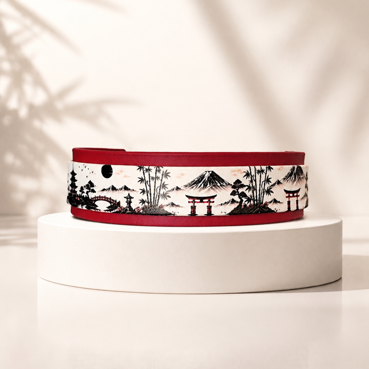 Collier pour chien Rêve de Sakura crimso rouge  avec impression UV, fleurs de cerisier et paysage japonais