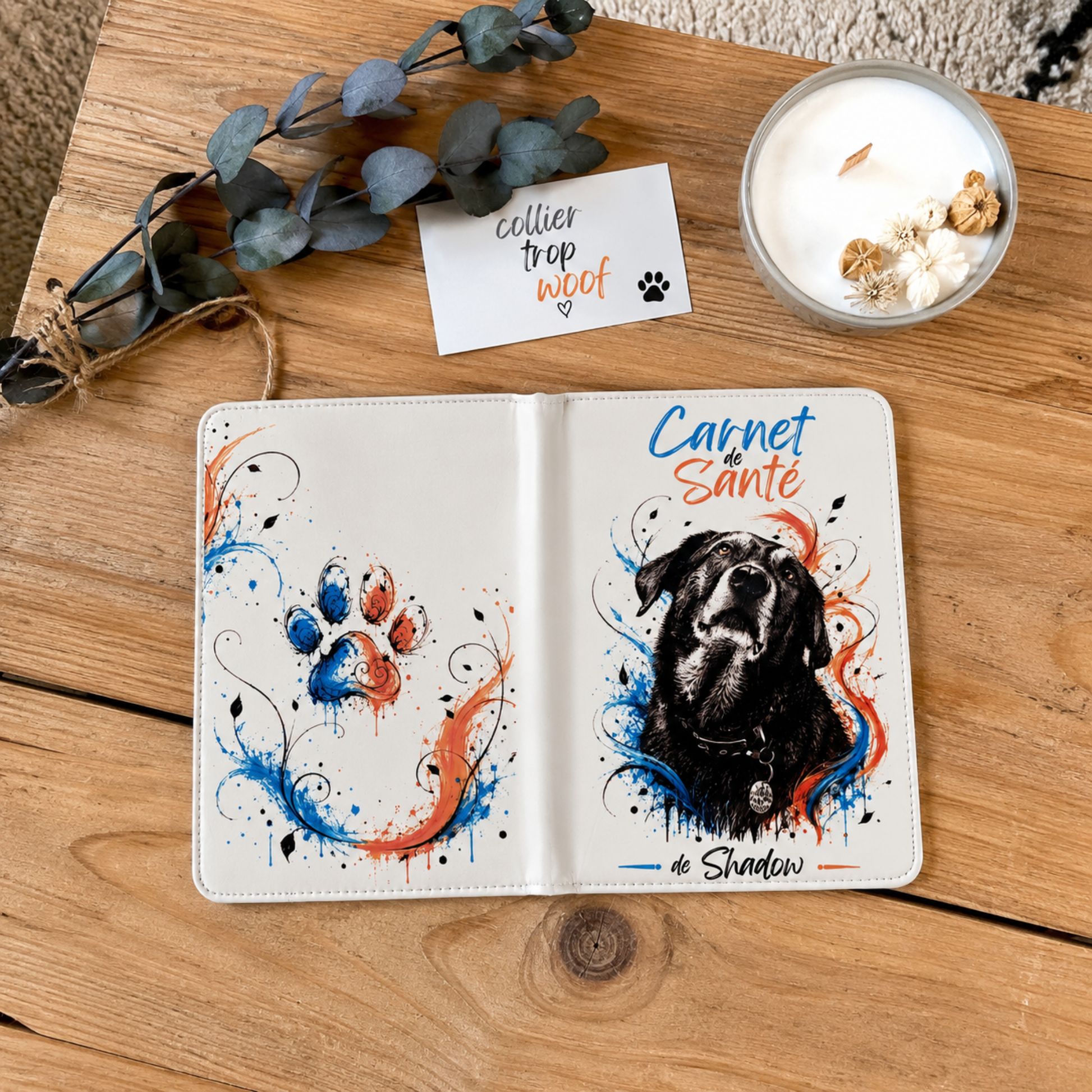 carnet de santé 11.6 X 17.3 en simili cuir personnalisé avec la photo de son animal de compagnie .Plusieurs modèles disponibles