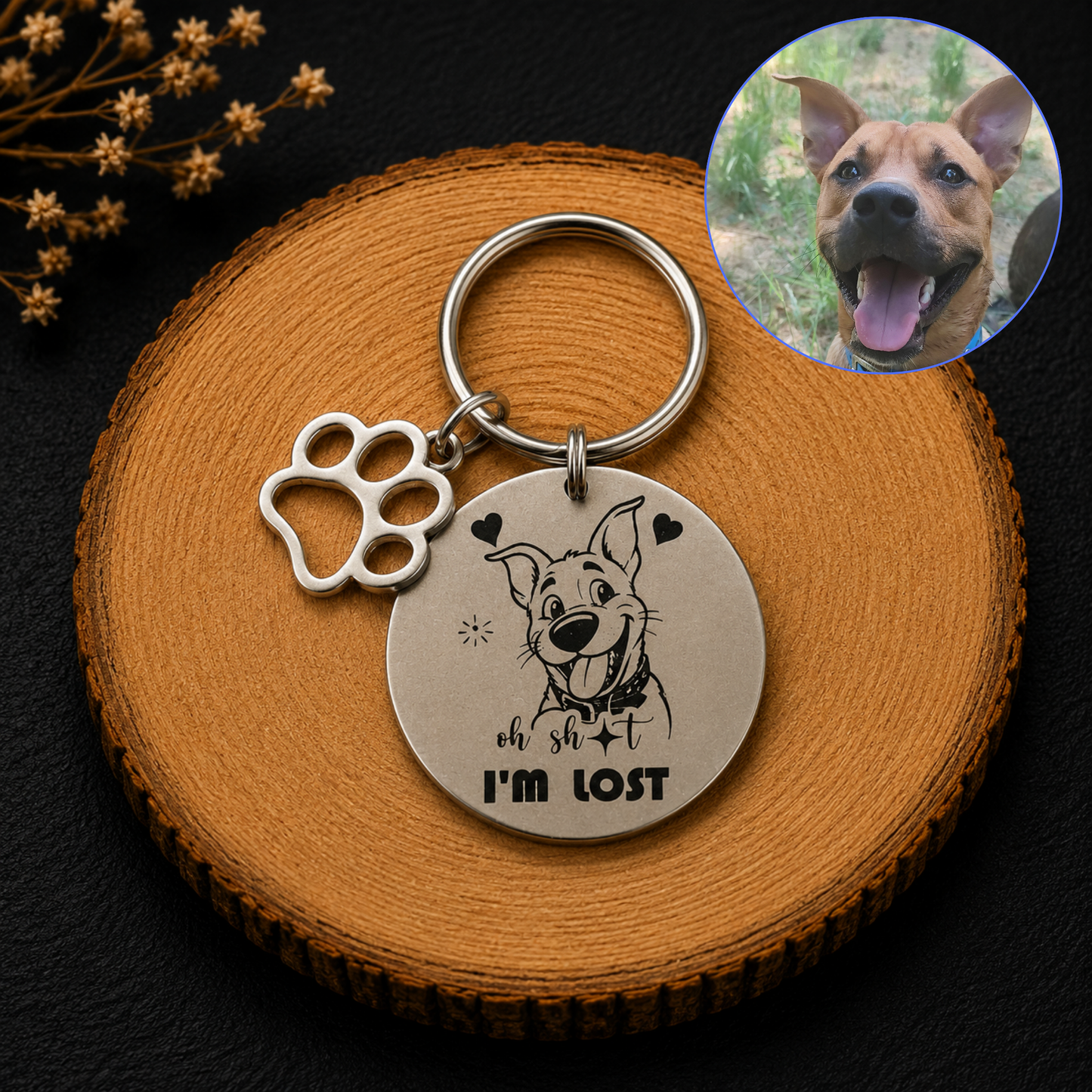 Médaille d’identification pour chien ronde  personnalisée  avec la photo du chien caricaturée et  gravée avec  message Oh Sht I’m Lost
