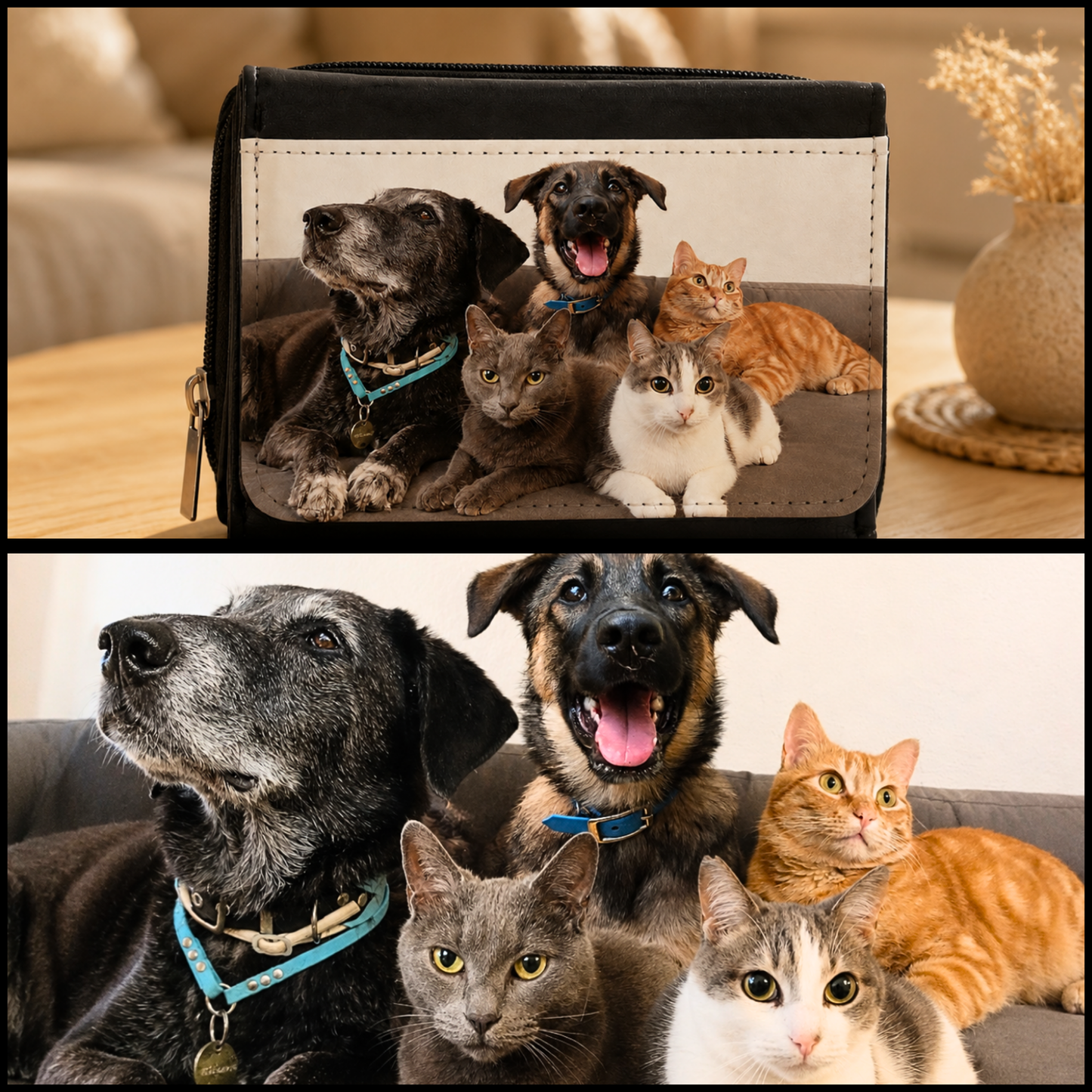 Comparaison d'un porte-monnaie en simili cuir avant et après personnalisation avec la photo d'animaux de compagnie.
