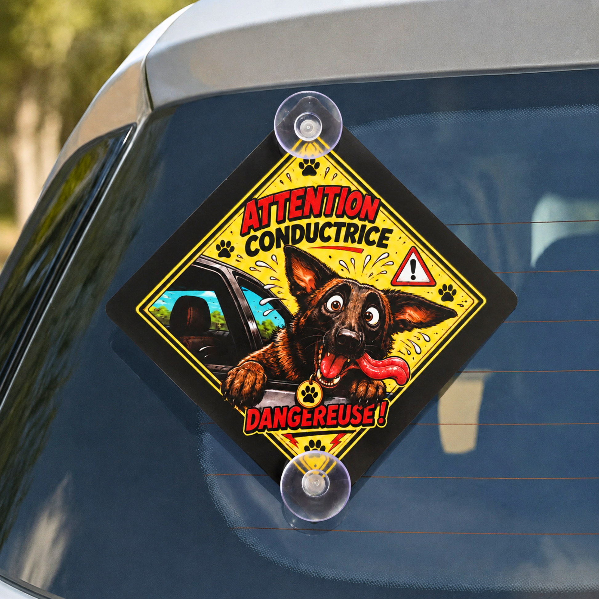 Pancarte voiture personnalisée à partir d'une photo de Malinois avec message "Conductrice dangereuse", fixée sur la vitre arrière d'une voiture.