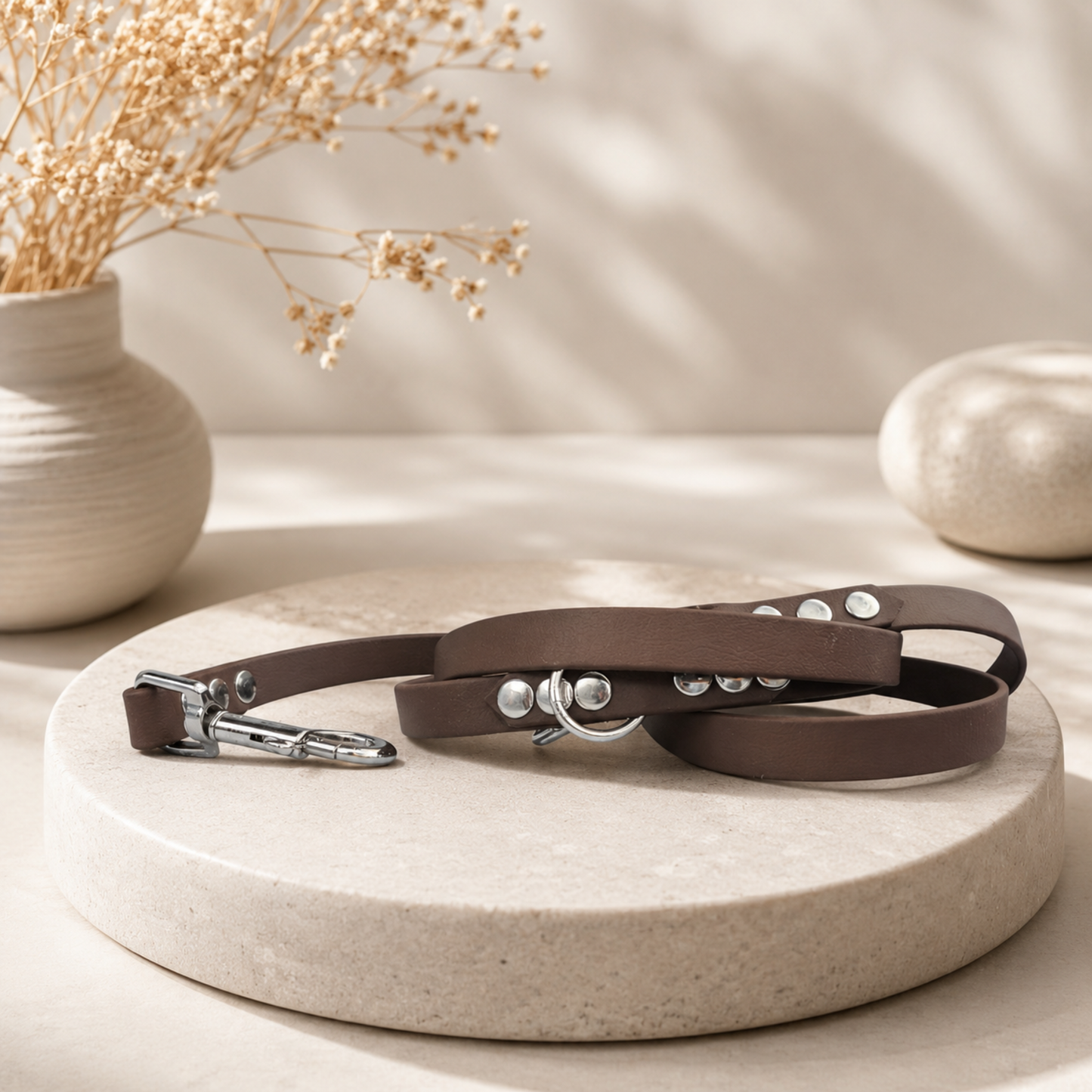 Laisse artisanale en BioThane marron
 et mousqueton inox, idéale pour les promenades quotidiennes.