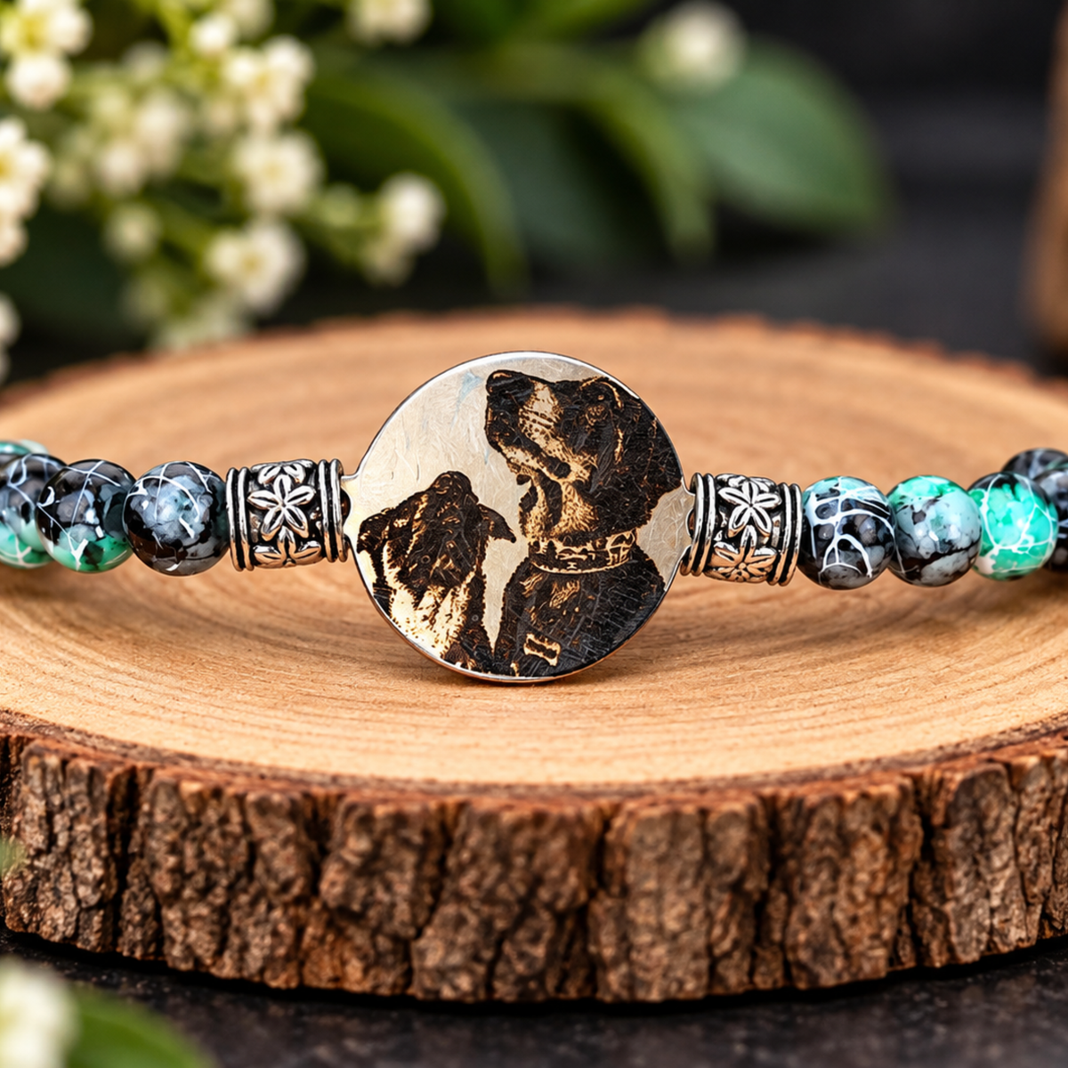 Bracelet de perles personnalisé avec photo gravée de deux animaux, médaillon rond de 20 mm