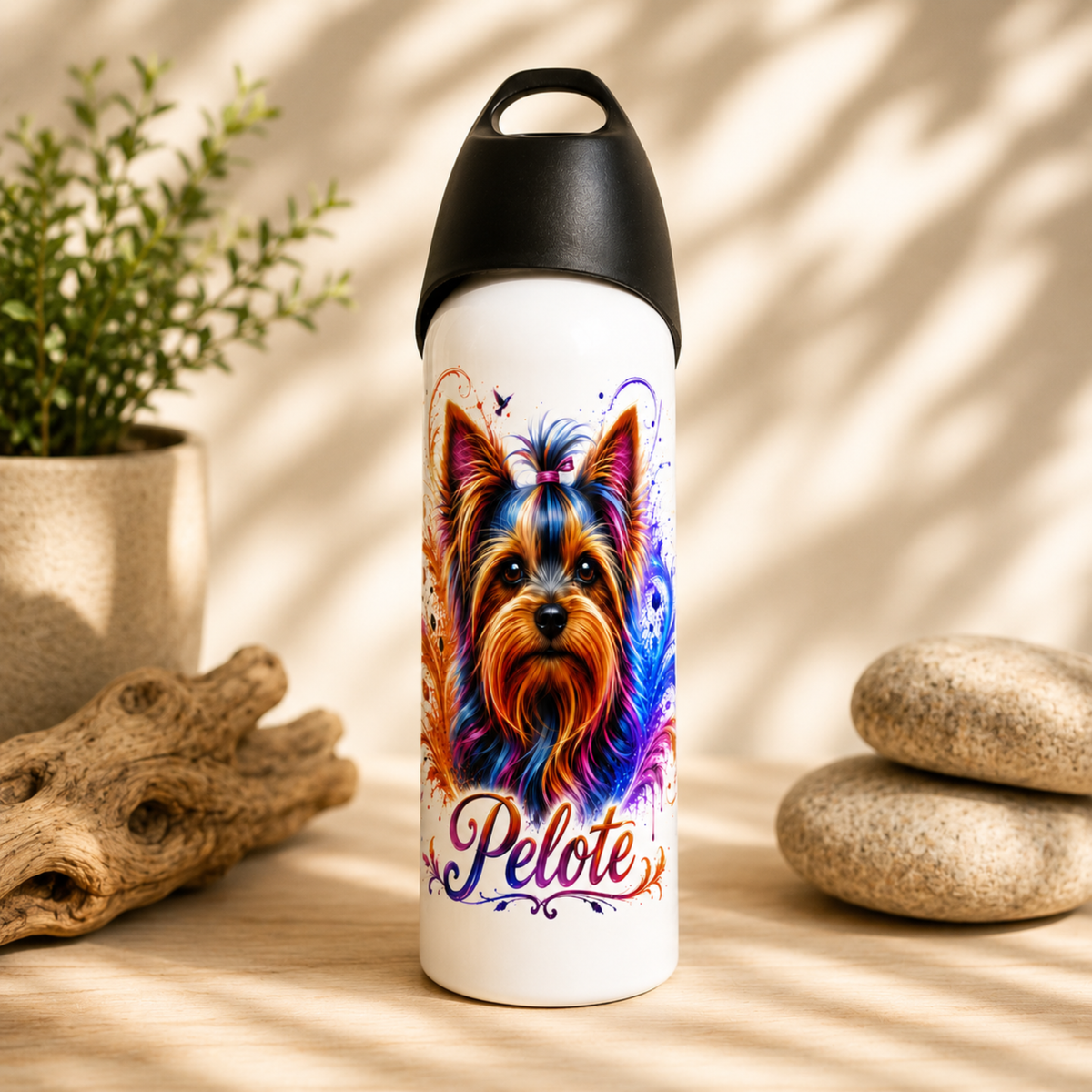 Gourde personnalisée pour chien avec portrait coloré d’un Yorkshire et prénom 