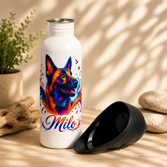 Gourde 750 ml personnalisée pour chien avec portrait coloré d’un malinois  nommé Milo et gamelle amovible