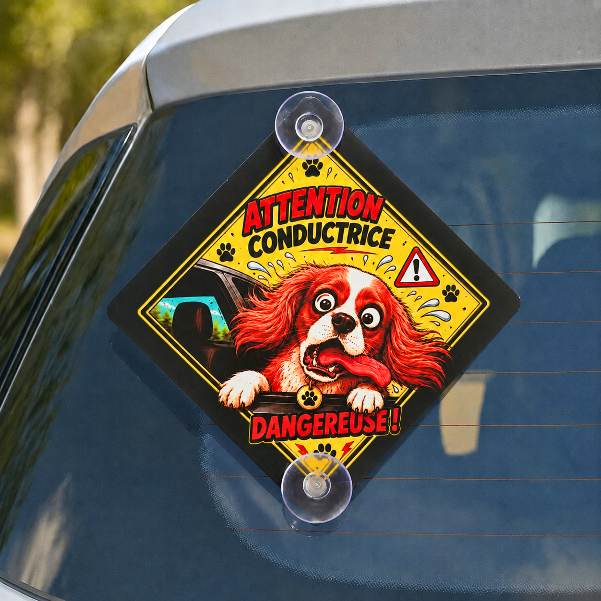 Pancarte voiture personnalisée à partir d'une photo de Cavalier King Charles avec message "Conductrice dangereuse".