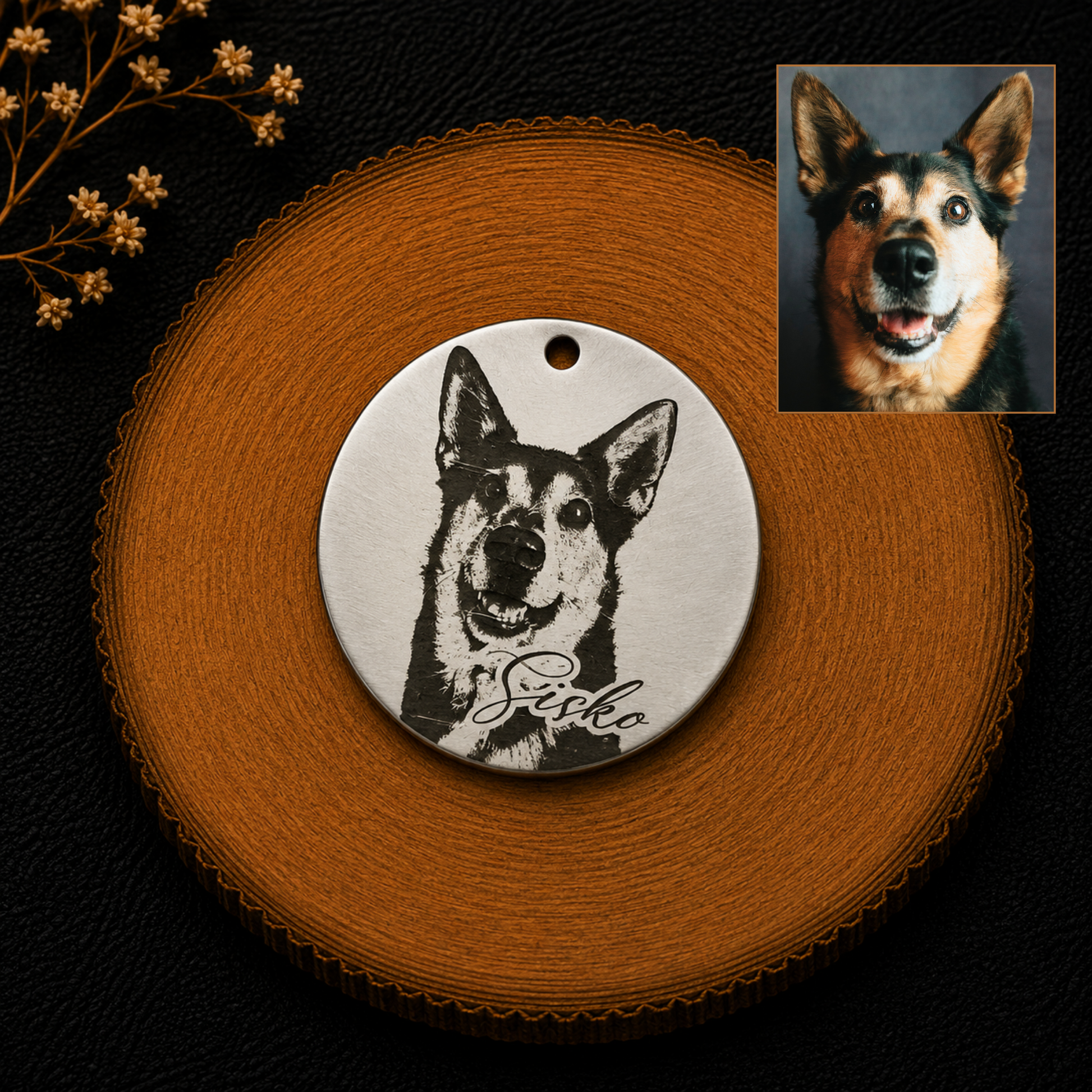 Médaille d’identification ronde personnalisée pour chien et chat avec photo gravée et prénom