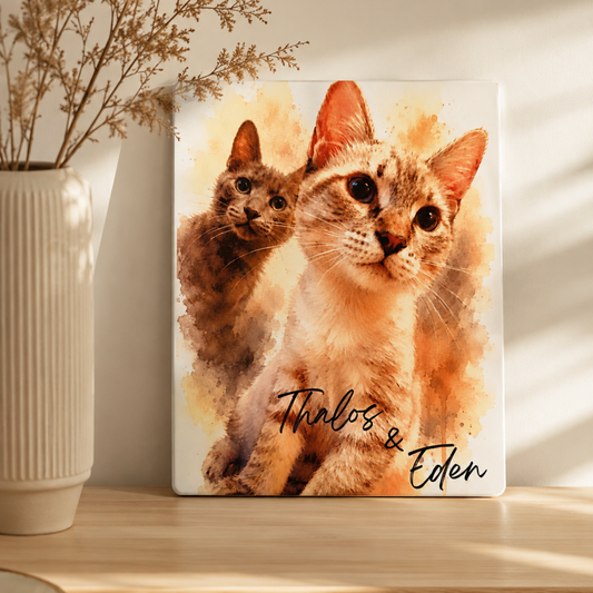 Portrait aquarelle personnalisé de chat imprimé sur plaque aluminium décorative pour animaux de compagnie