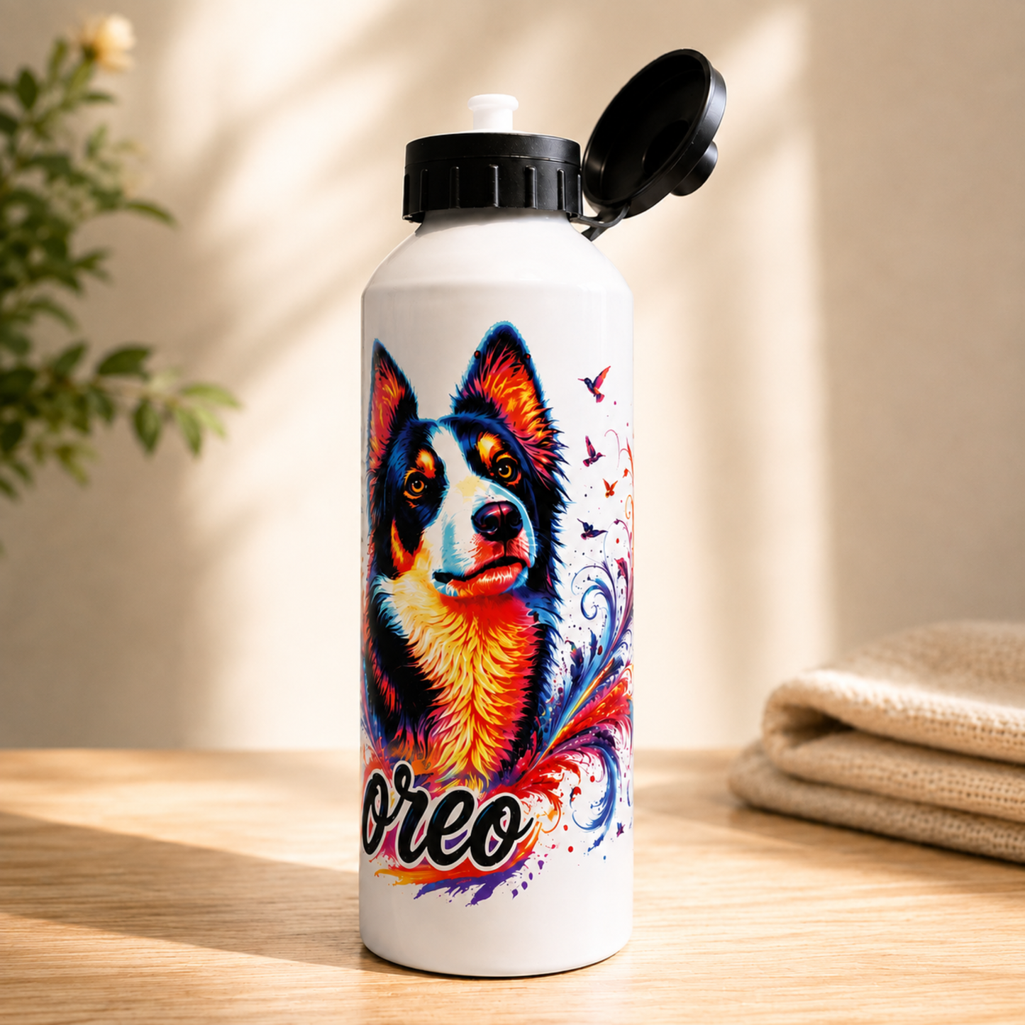 Gourde personnalisée pour chien avec portrait coloré d’un Border Collie et prénom Oreo