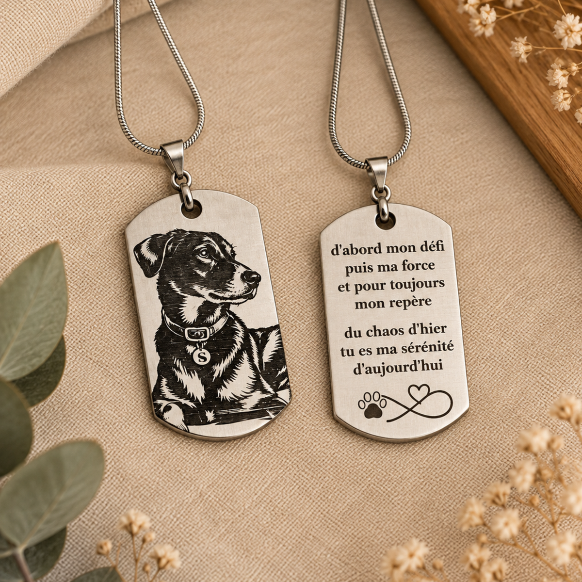Pendentifs personnalisés avec gravure photo de chien et message personnalisé au dos