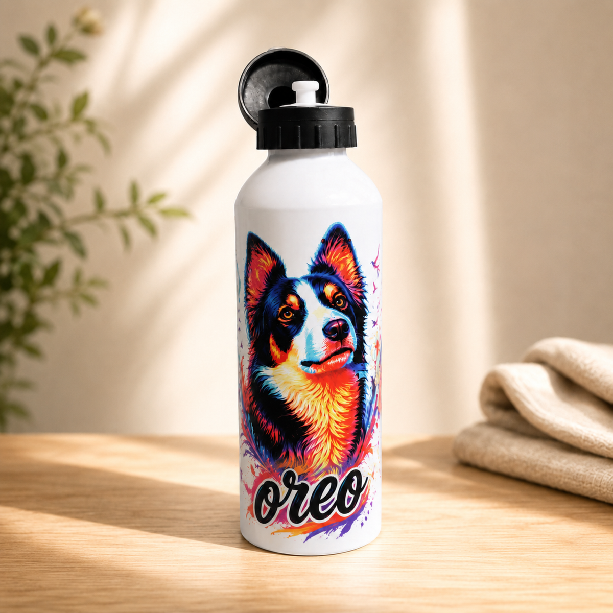 Gros plan sur une gourde personnalisée pour chien avec portrait d’Oreo et bouchon sport