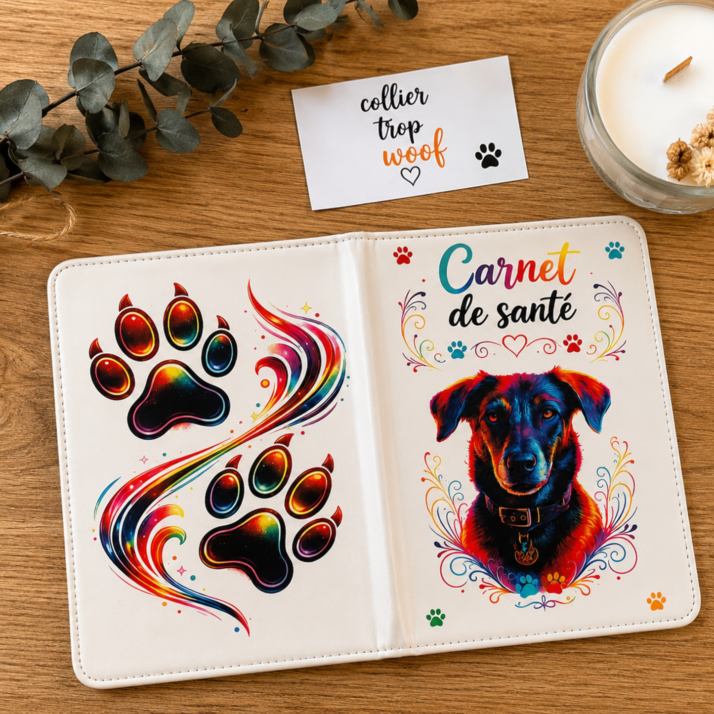 carnet de santé 11.6 X 17.3 en simili cuir personnalisé avec la photo de son animal de compagnie .Plusieurs modèles disponibles