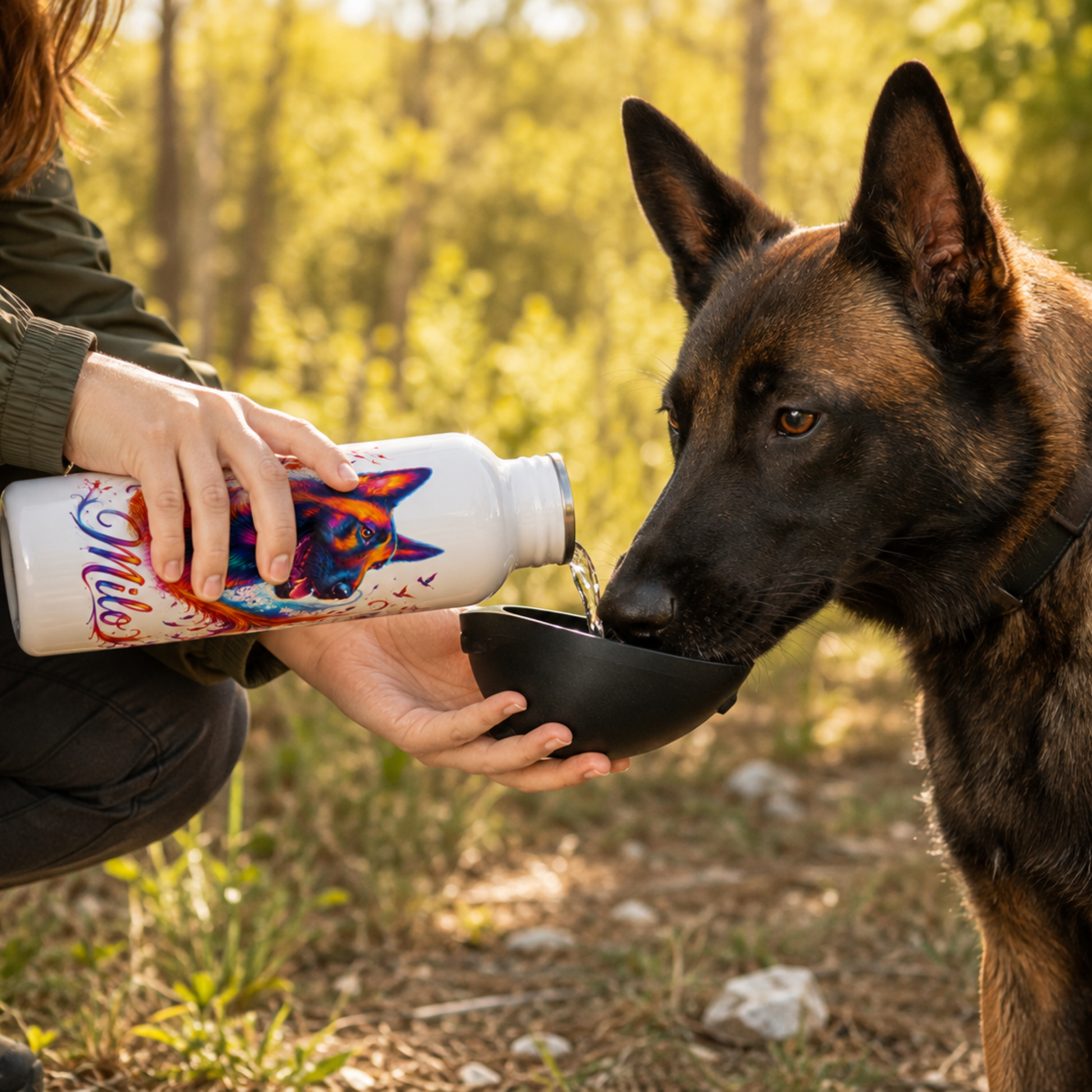Chien malinois buvant de l’eau dans une gamelle avec une gourde personnalisée  en extérieur
