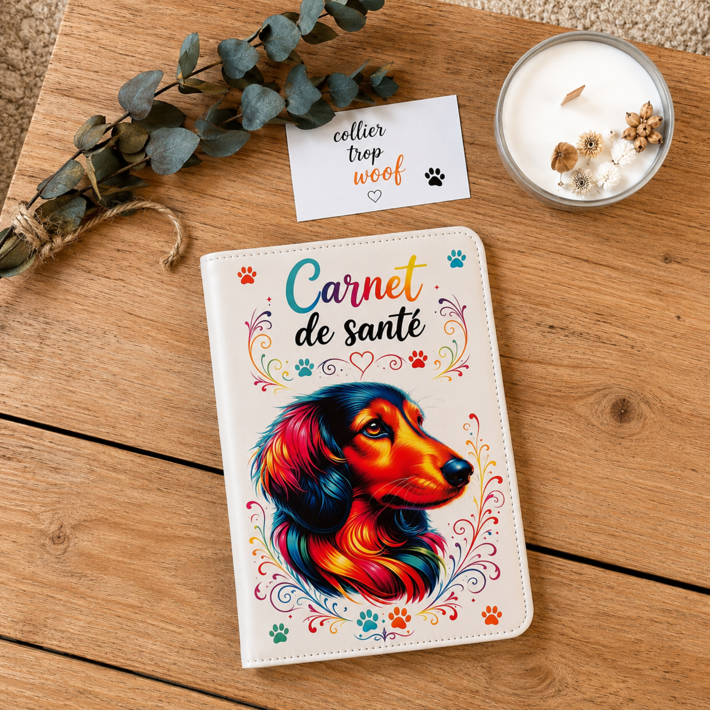 carnet de santé 11.6 X 17.3 en simili cuir personnalisé avec la photo de son animal de compagnie .Plusieurs modèles disponibles