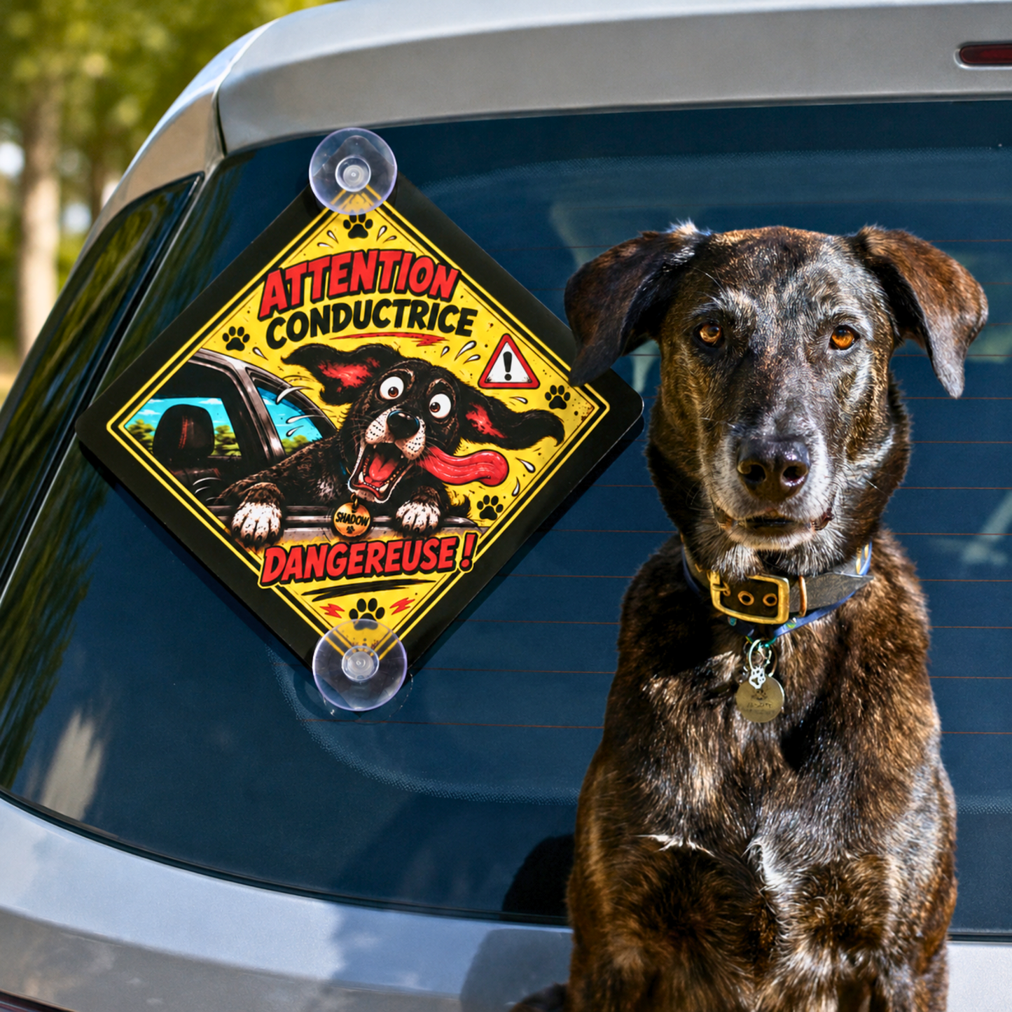 Pancarte humoristique pour voiture avec chien caricaturé sur la vitre arrière et chien réel assis à côté pour montrer la ressemblance.
