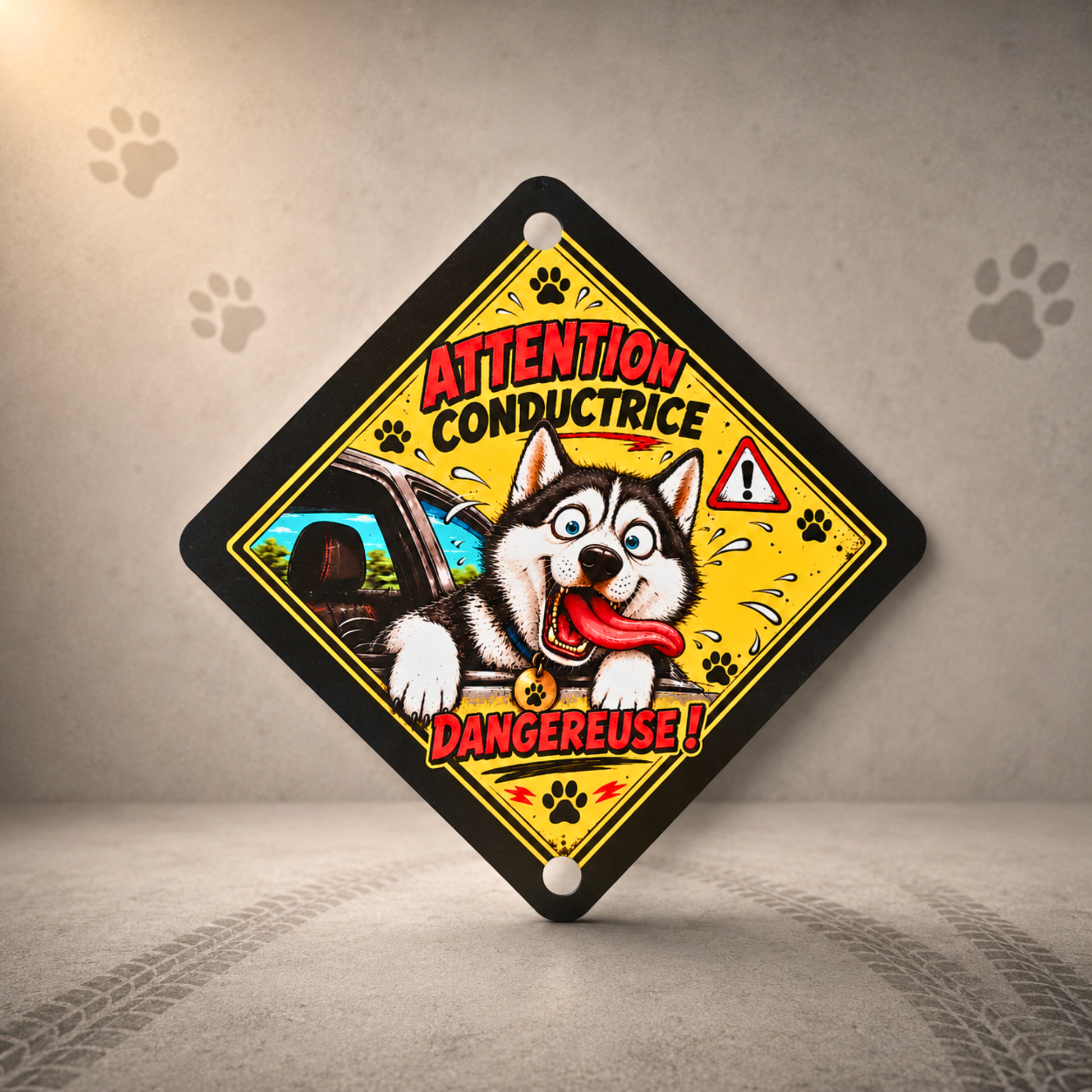 Pancarte voiture chien personnalisée à partir d'une photo de Husky avec texte "Conductrice dangereuse".