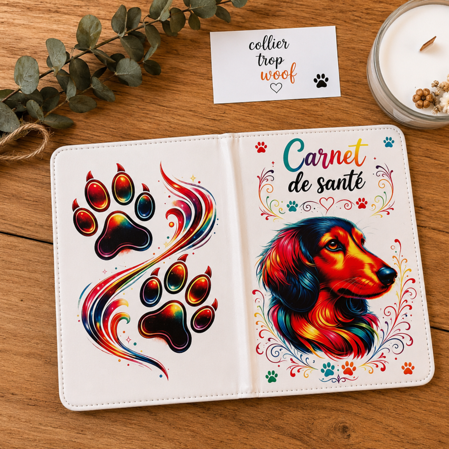 carnet de santé 11.6 X 17.3 en simili cuir personnalisé avec la photo de son animal de compagnie .Plusieurs modèles disponibles
