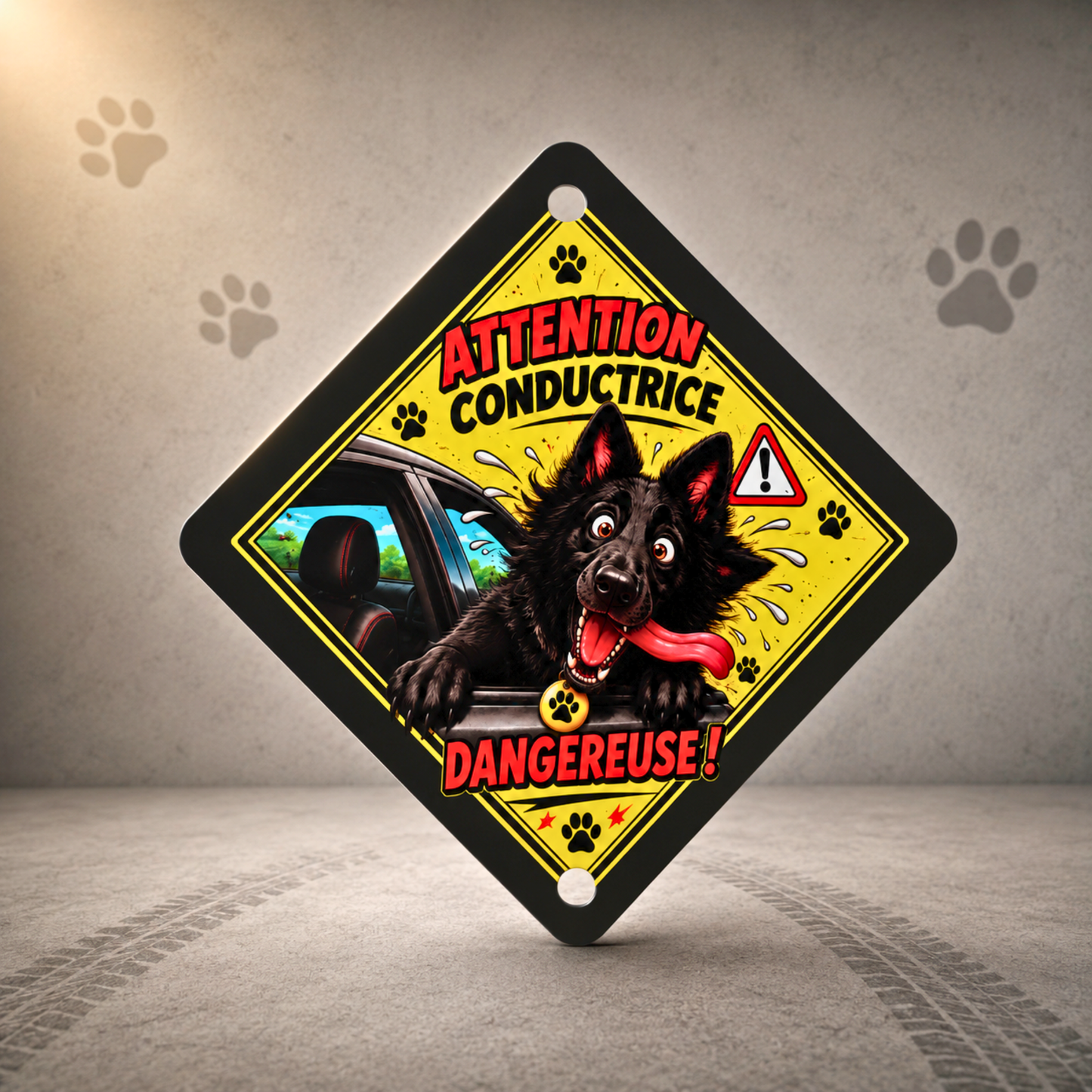 Panneau voiture personnalisé à partir d'une photo de Berger Allemand avec message humoristique "Conductrice dangereuse".