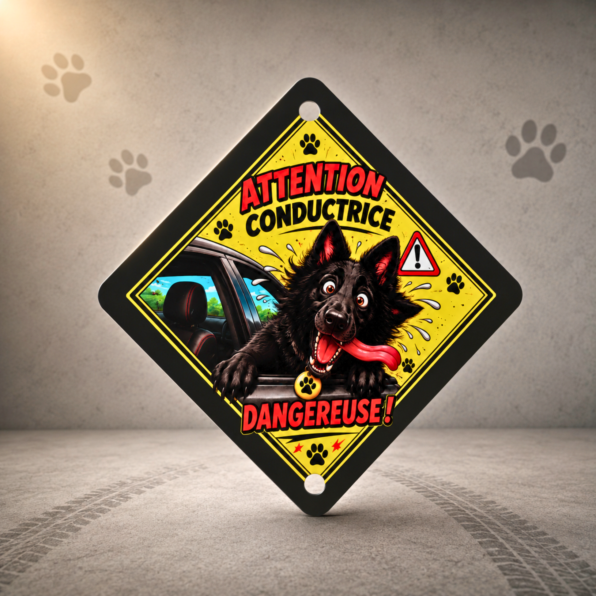Panneau voiture personnalisé à partir d'une photo de Berger Allemand avec message humoristique "Conductrice dangereuse".