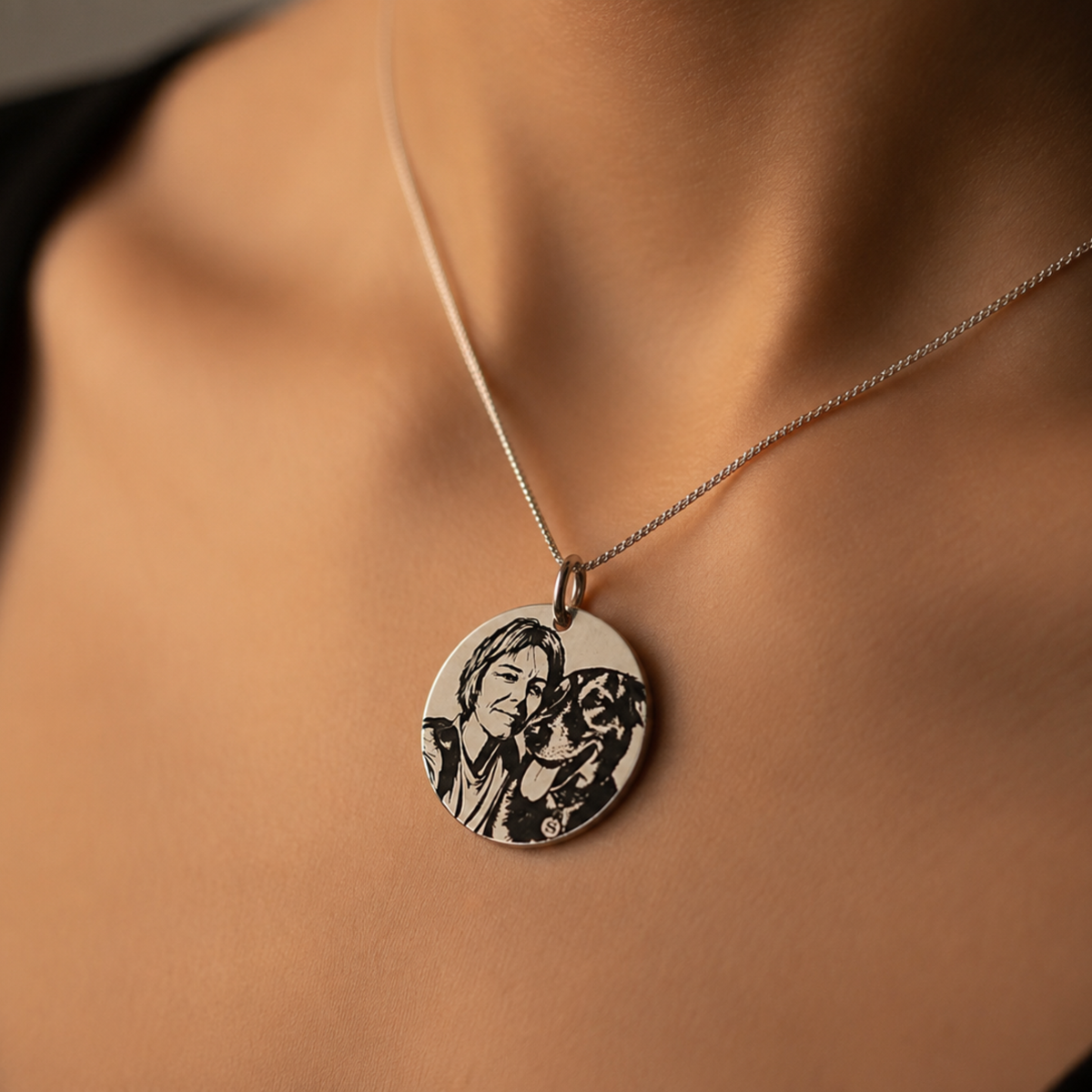 Pendentif rond  personnalisé gravé avec photo de chien porté autour du cou