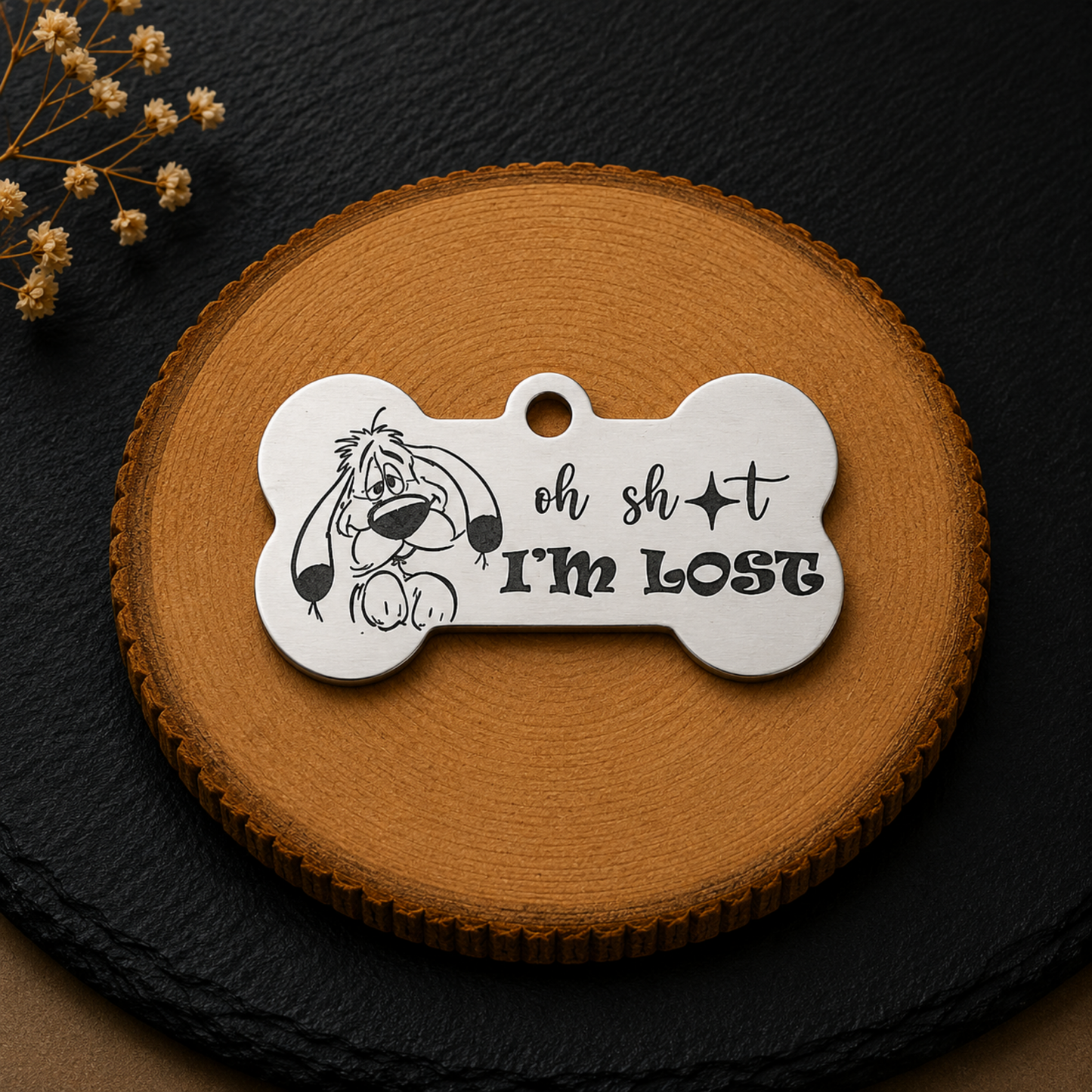 Médaille d’identification en forme d’os pour chien  avec dessin chien mignon et message Oh Sht I’m Lost