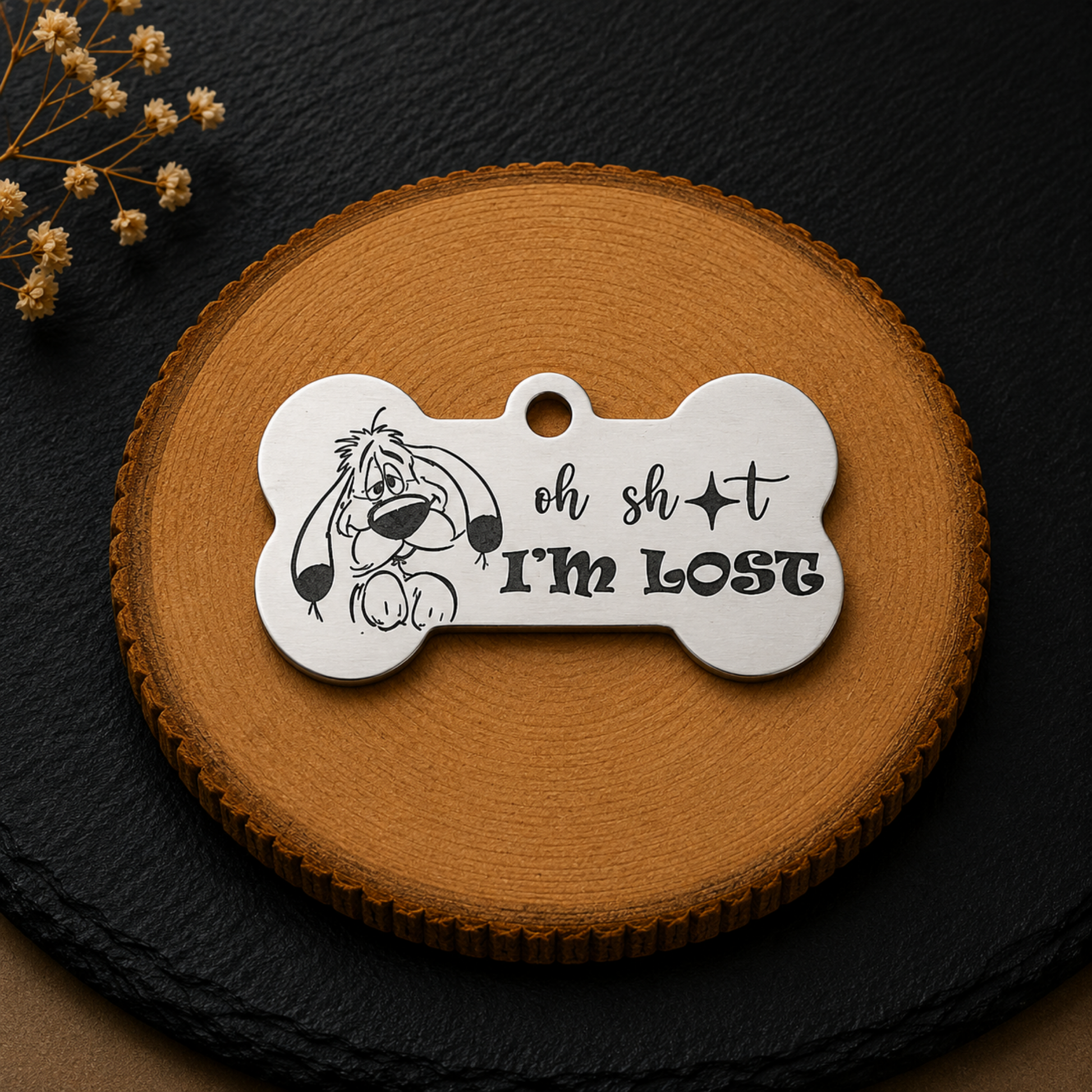 Médaille d’identification en forme d’os pour chien  avec dessin chien mignon et message Oh Sht I’m Lost
