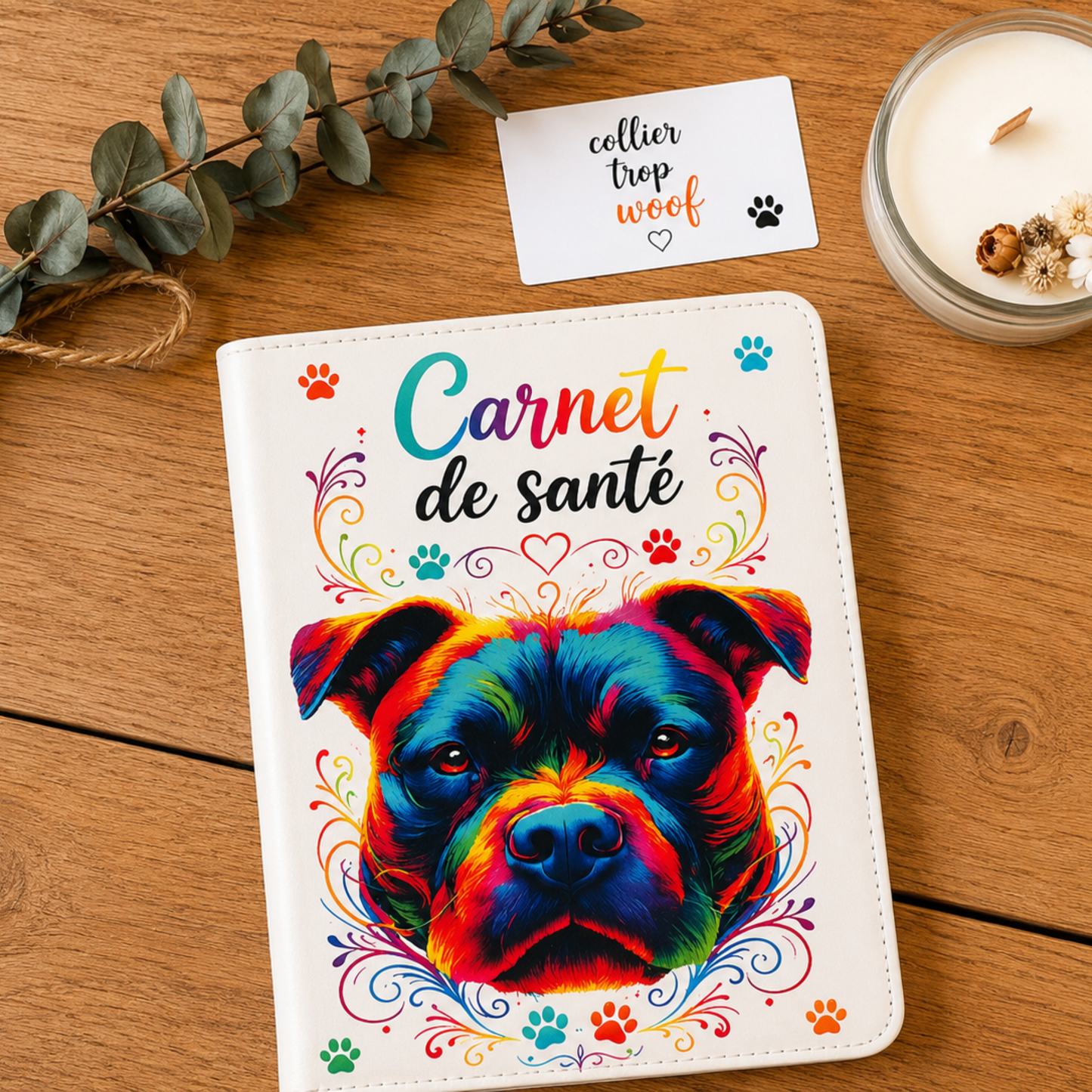 carnet de santé 11.6 X 17.3 en simili cuir personnalisé avec la photo de son animal de compagnie .Plusieurs modèles disponibles