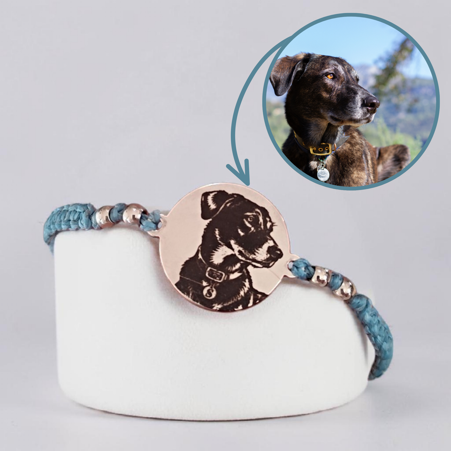 Bracelet macramé personnalisé photo animal médaille gravée